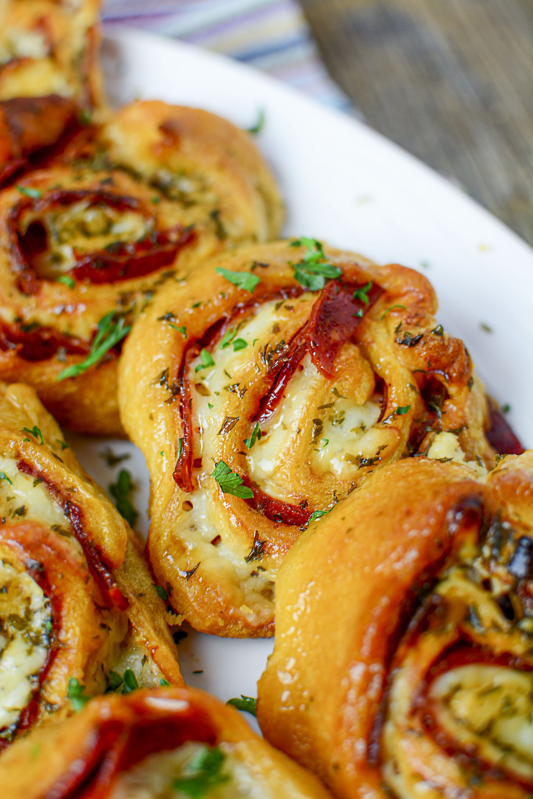 Overhead shot of pizza pinwheels.