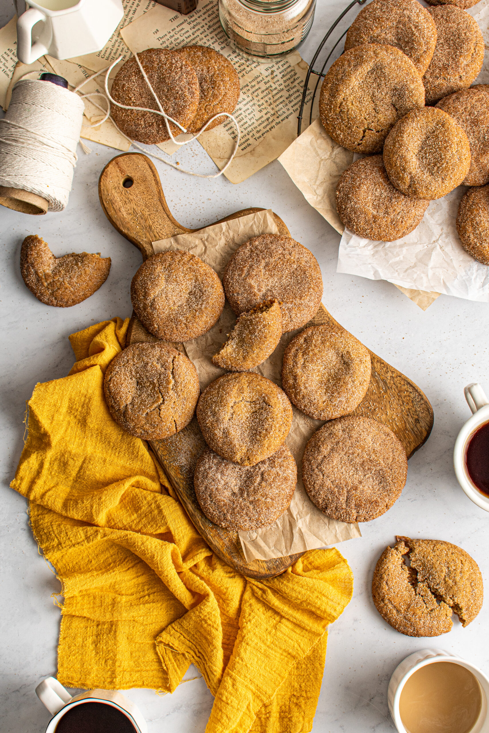 Overhead view of Stuffed Churro Cookies on a wooden board.