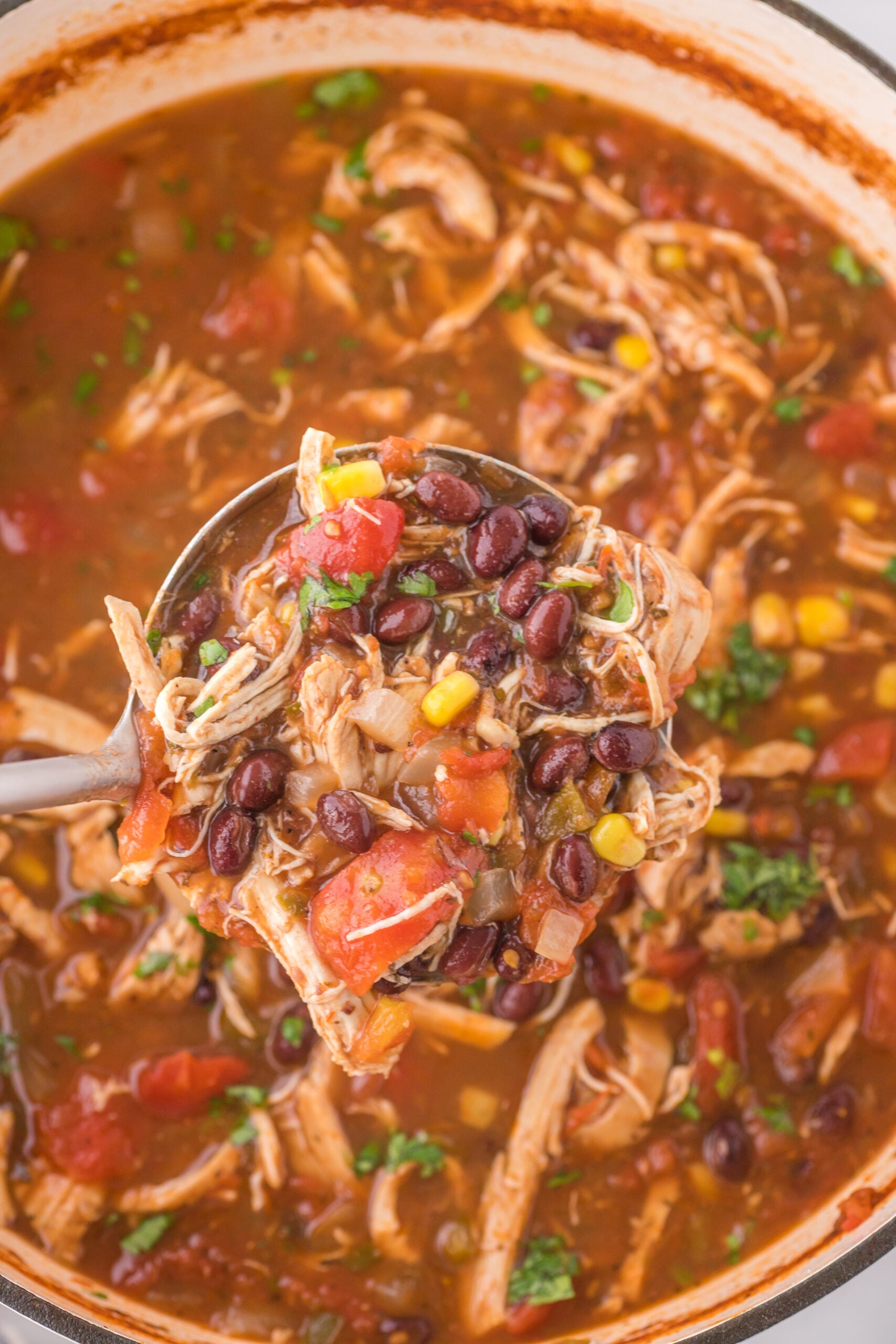 Chicken Taco Soup with a spoon lifting up a portion showing ingredients