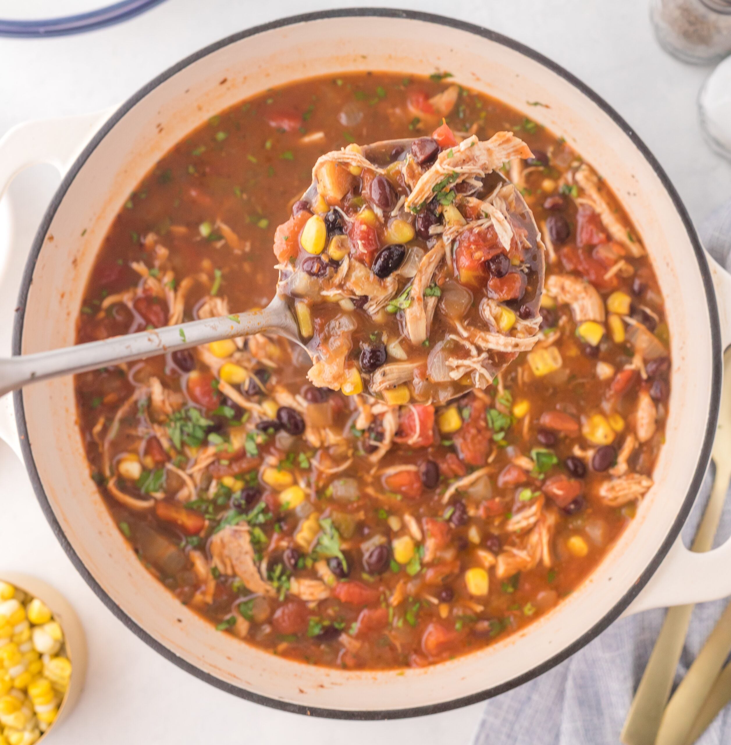 Overhead view of Chicken Taco Soup in the dutch oven pot