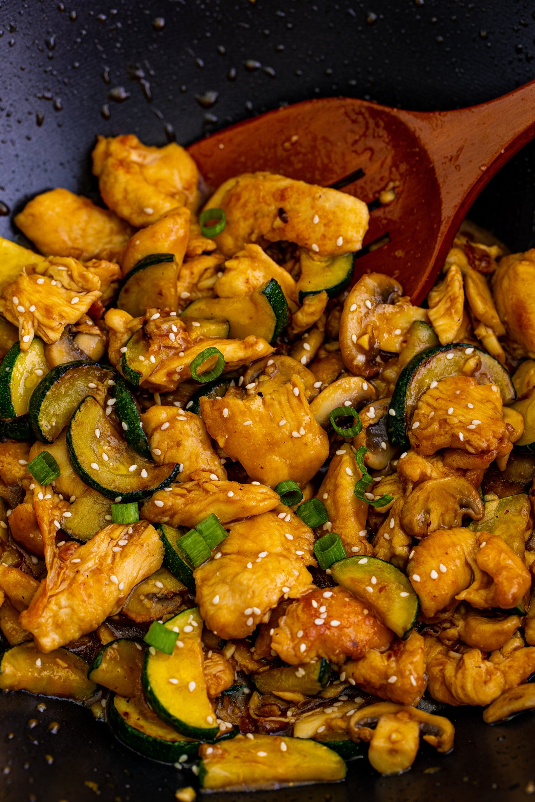Panda Express Mushroom Chicken in a skillet up close