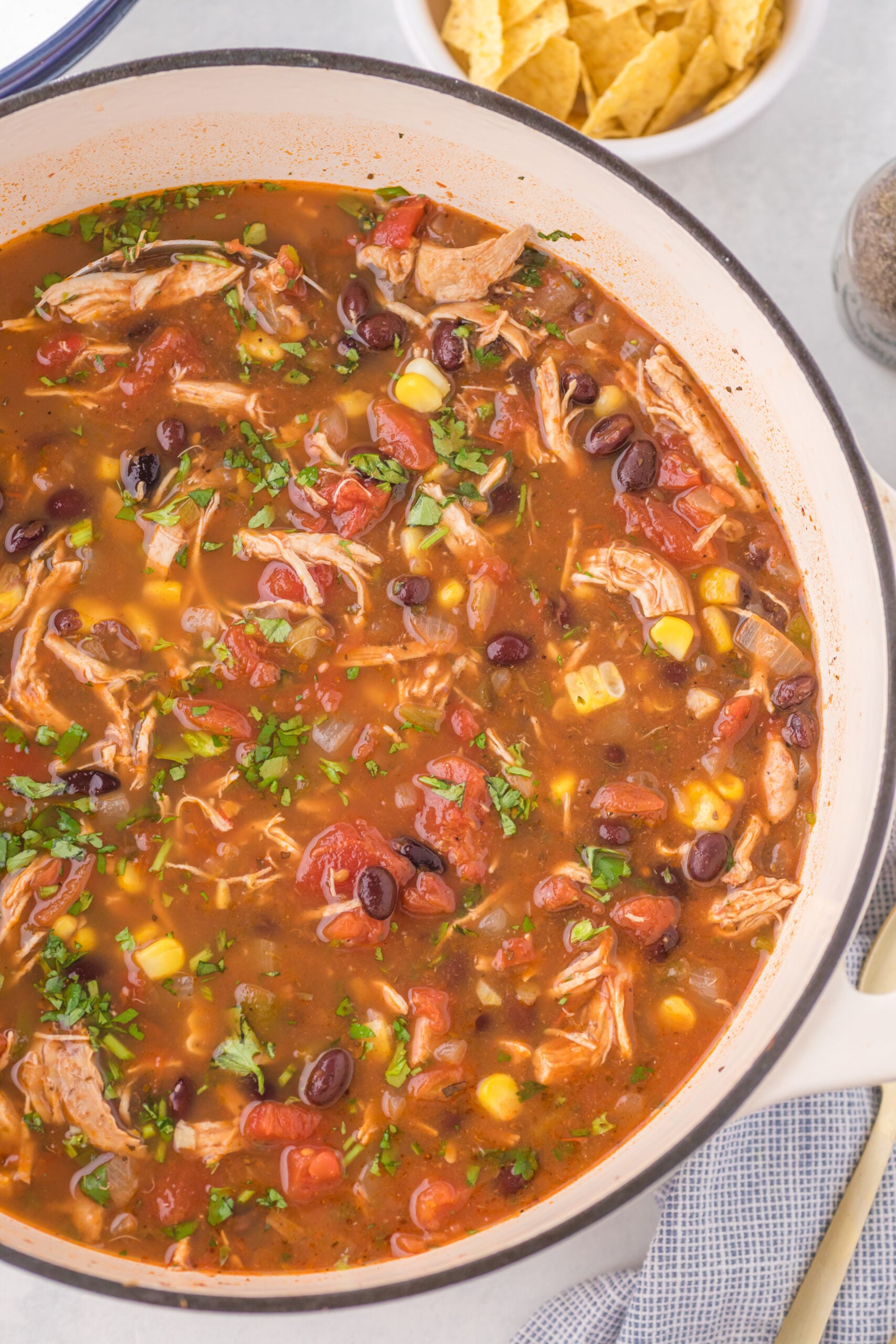 Overhead view of Chicken Taco Soup in the dutch oven pot