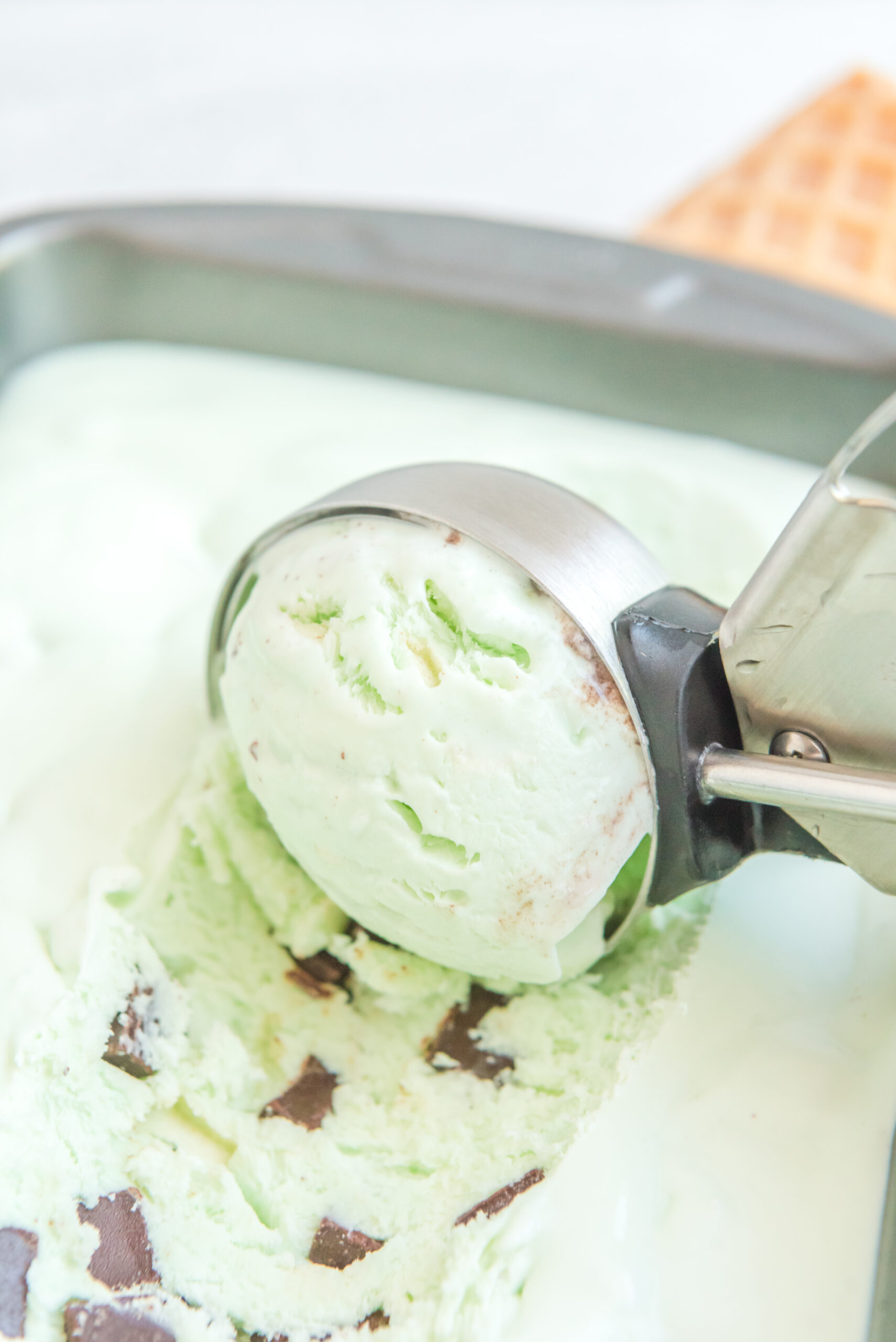 Close up view of an ice cream scoop scooping Mint Chocolate Chip Ice Cream.