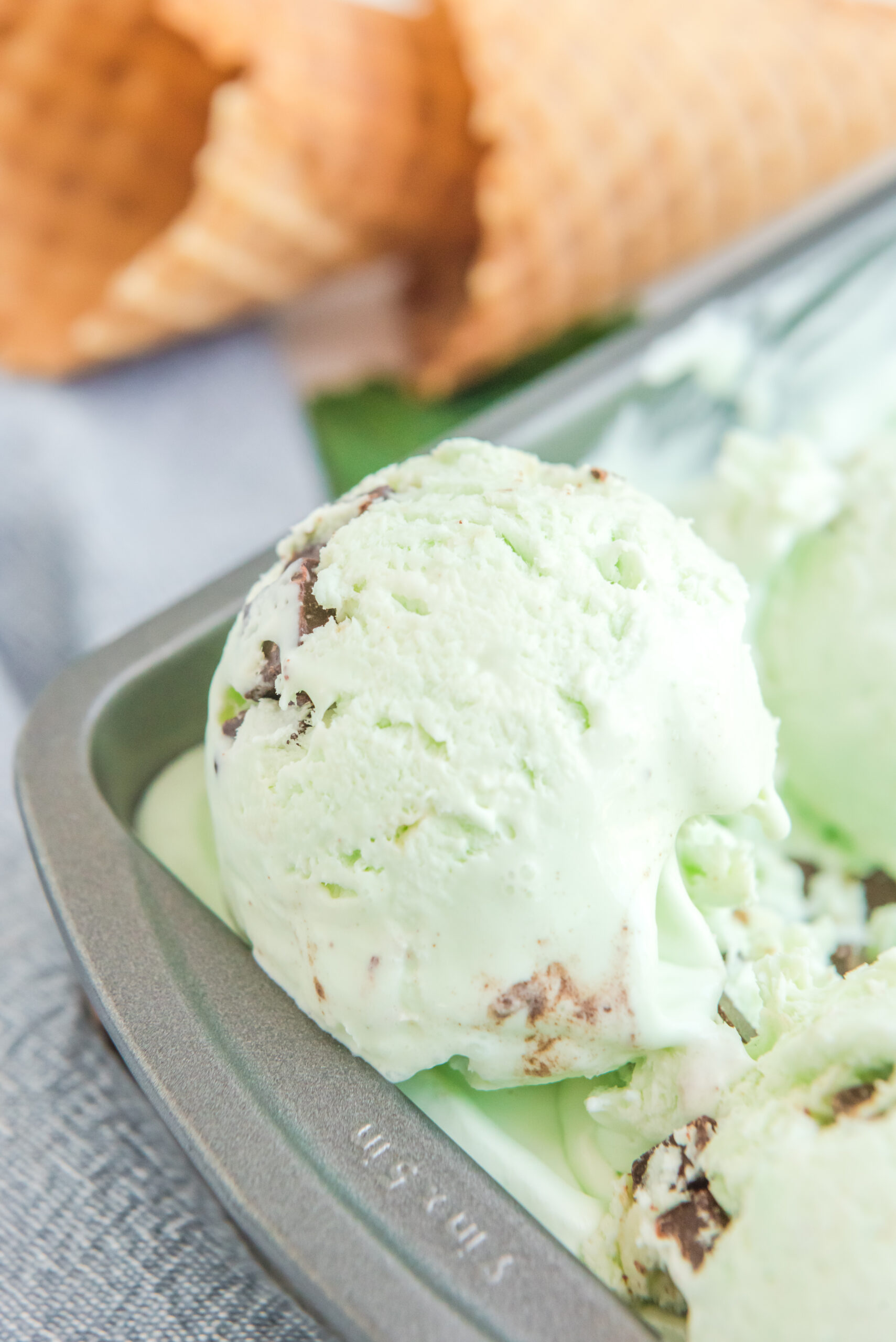 Close up view of a scoop of Mint Chocolate Chip Ice Cream in a silver baking dish.