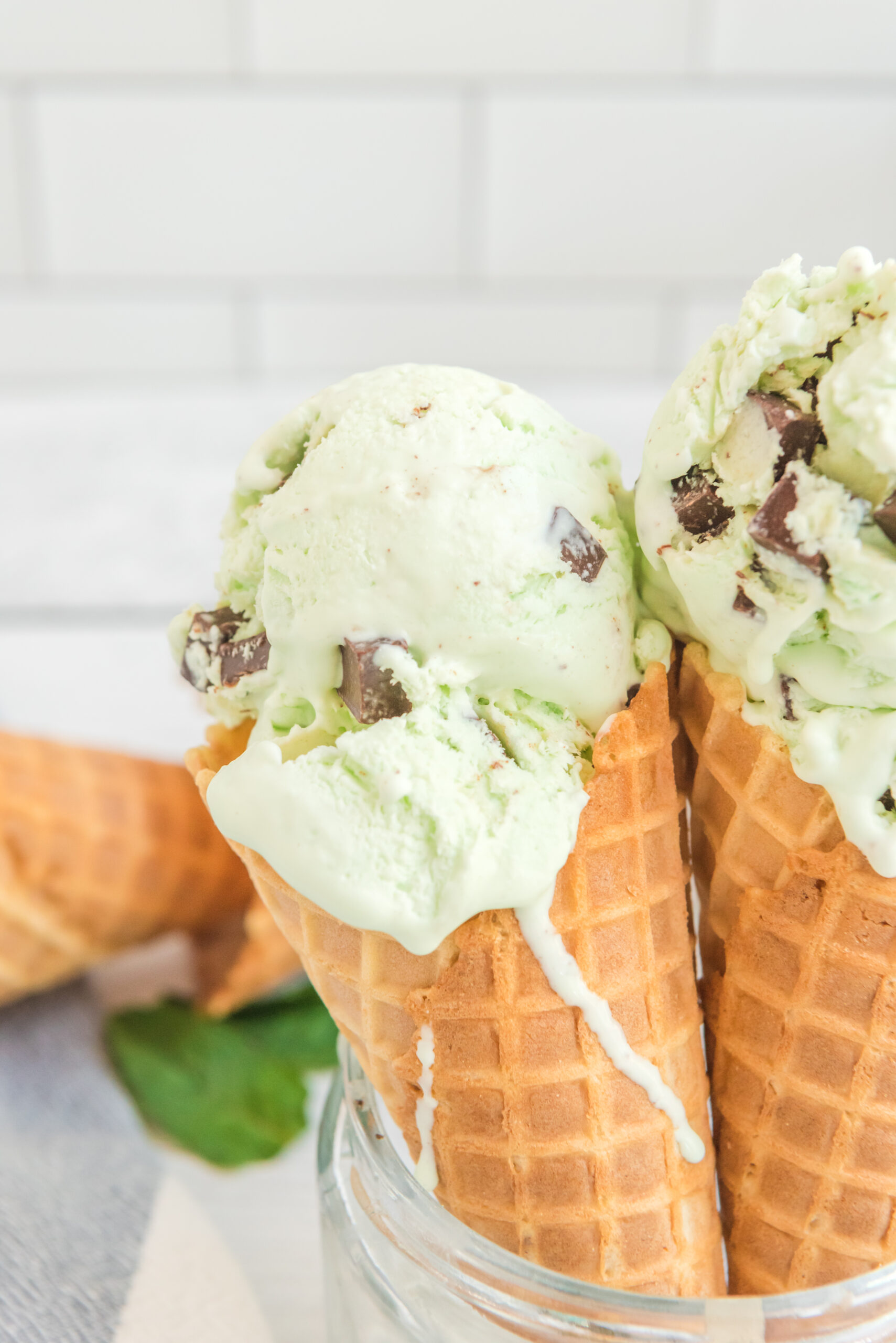 Close up view of two scoops of Mint Chocolate Chip Ice Cream in two ice cream cones.
