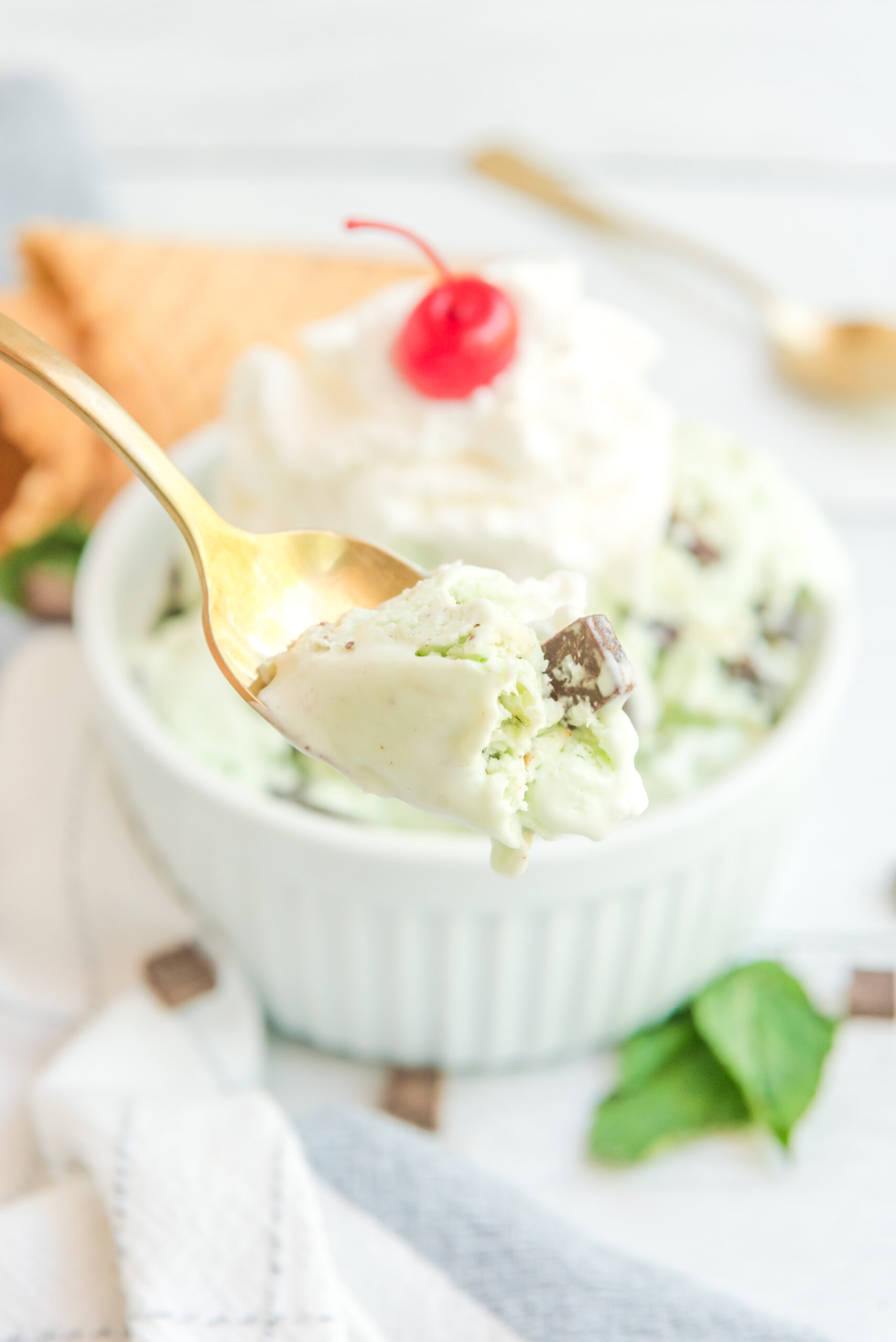 Close up view of a gold spoon with a bite of Mint Chocolate Chip Ice Cream.