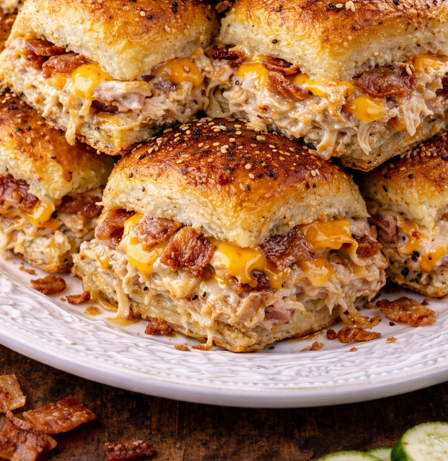 Front up close view of three Crack Chicken Sliders stacked on a white plate.