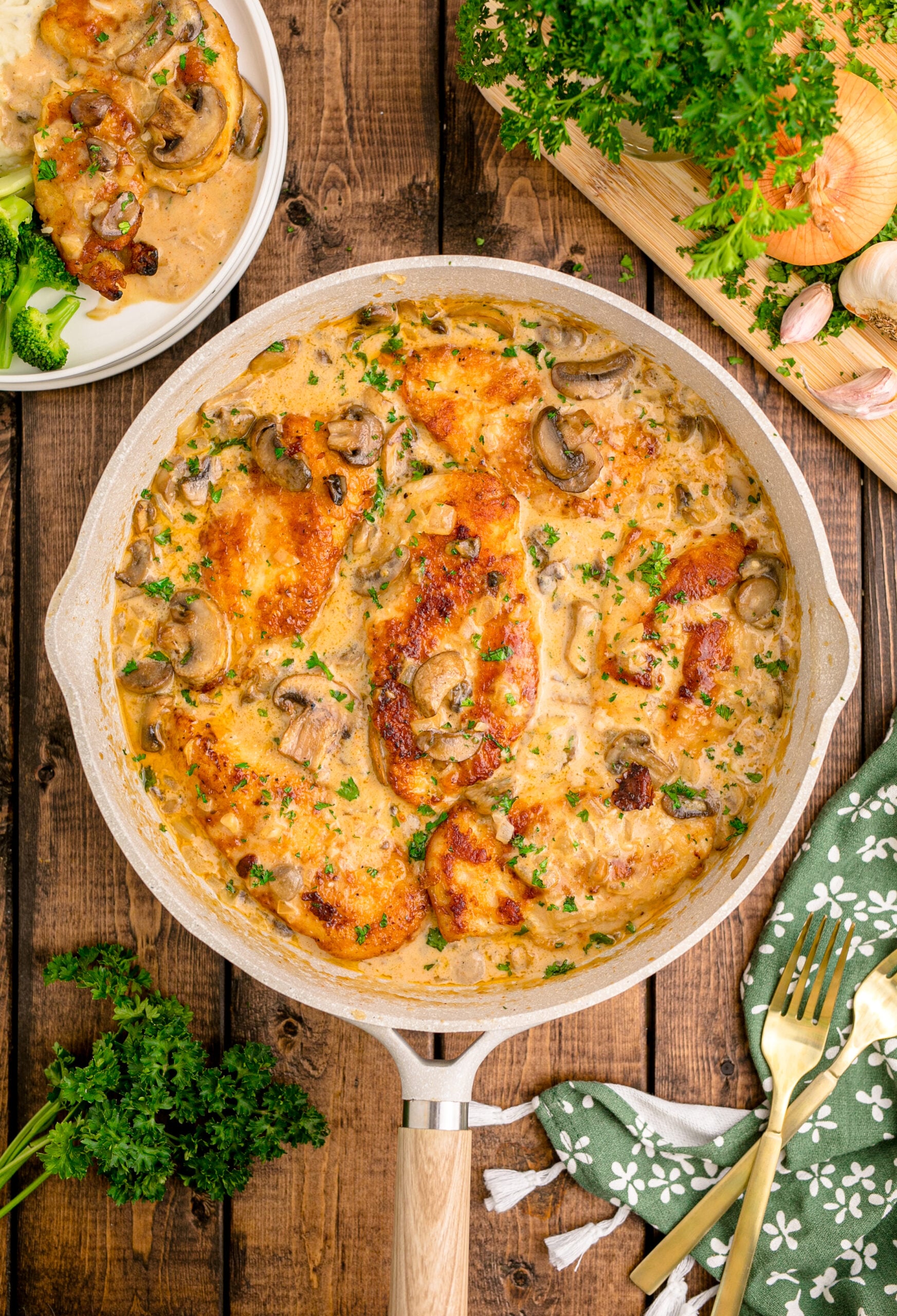 Overhead view of Chicken Marsala in a skillet.