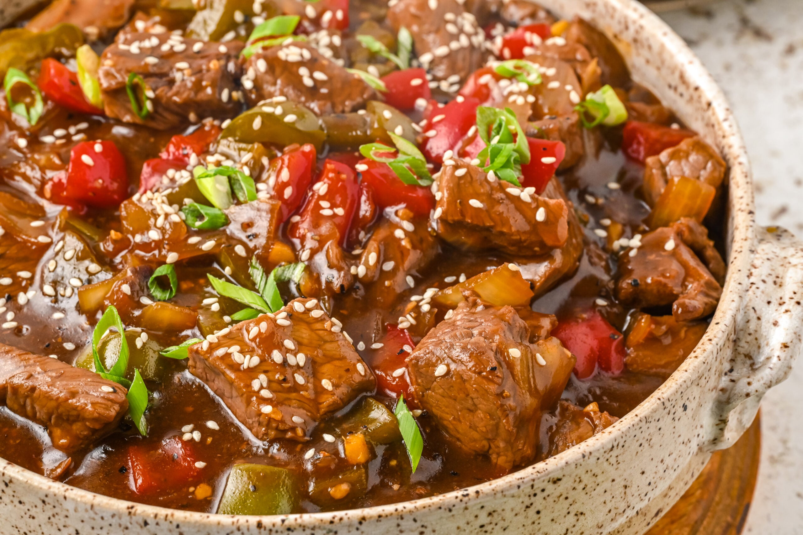 Close up view of Chinese Pepper Steak in a baking dish.