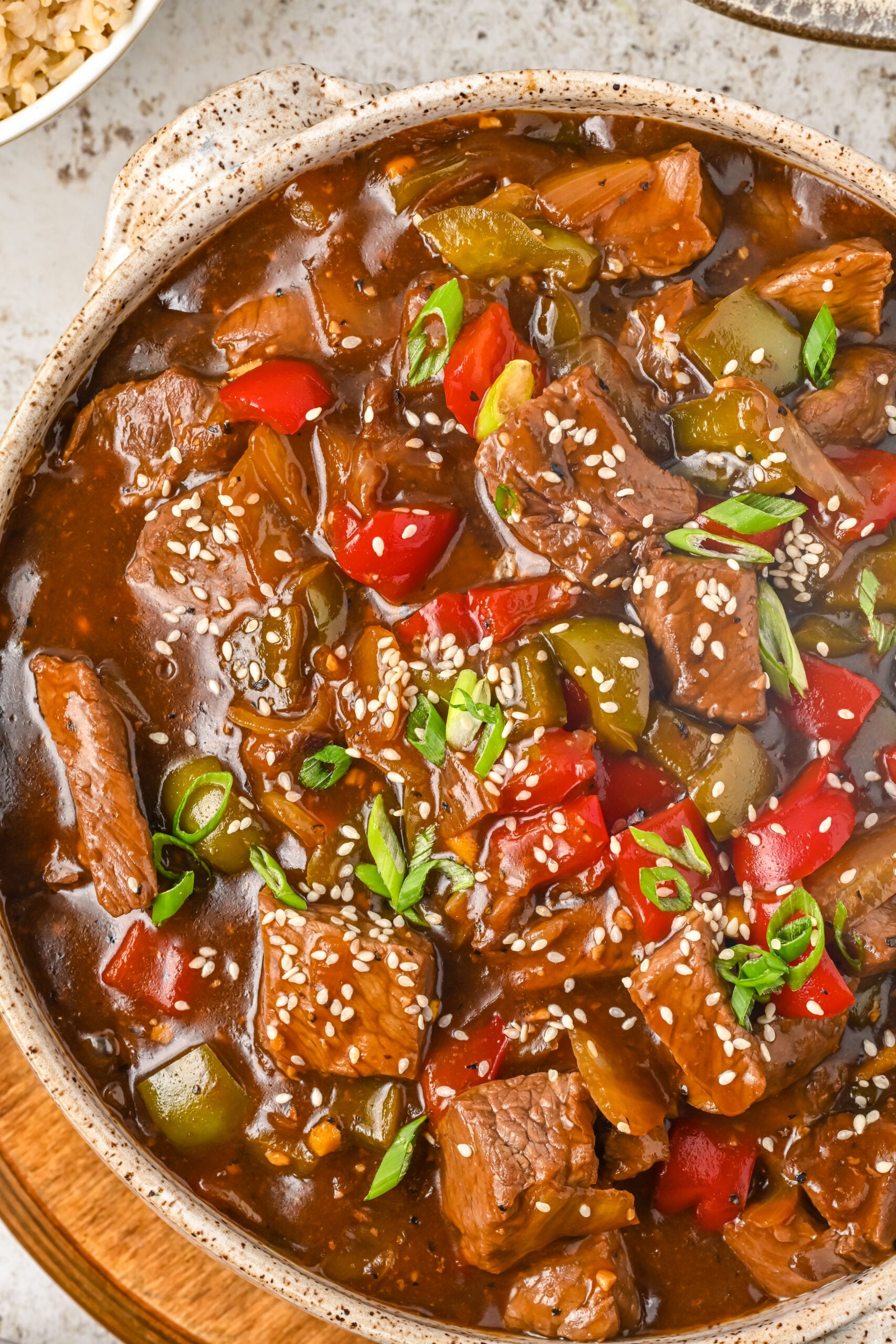 Overhead view of Chinese Pepper Steak in a baking dish.
