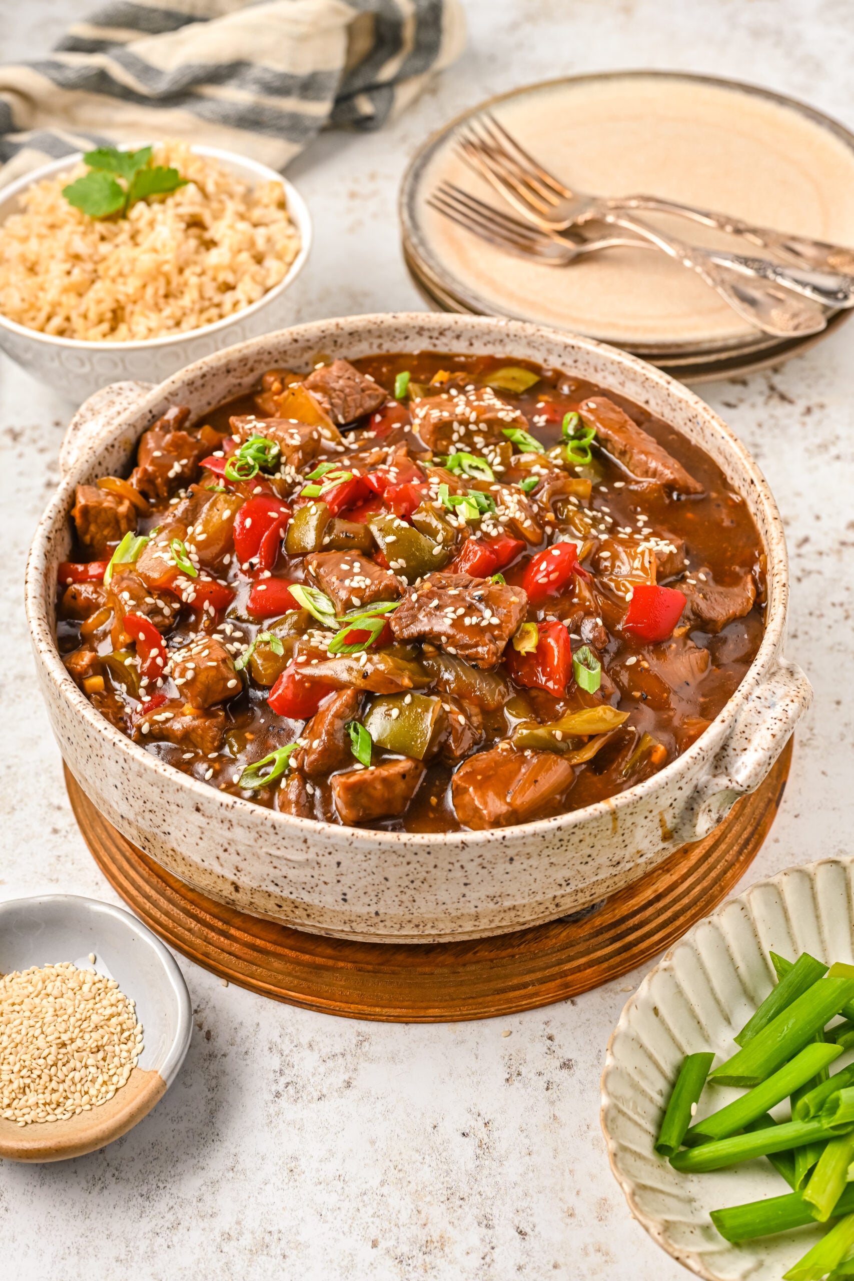 Front view of Chinese Pepper Steak in a baking dish.