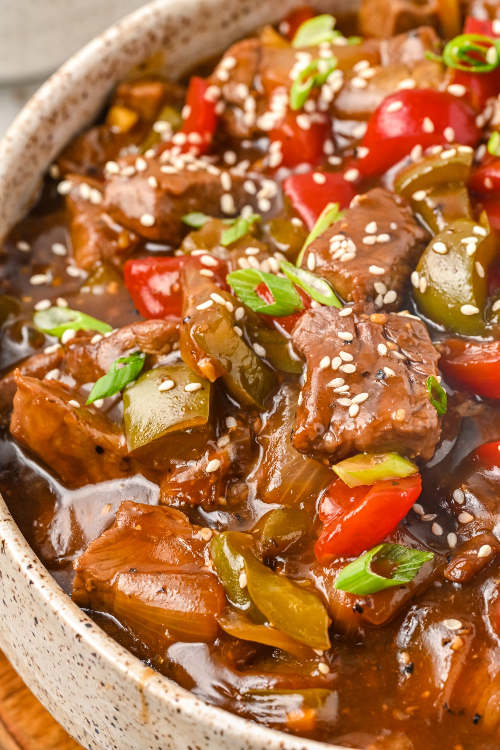 Up close view of Chinese Pepper Steak in a baking dish.