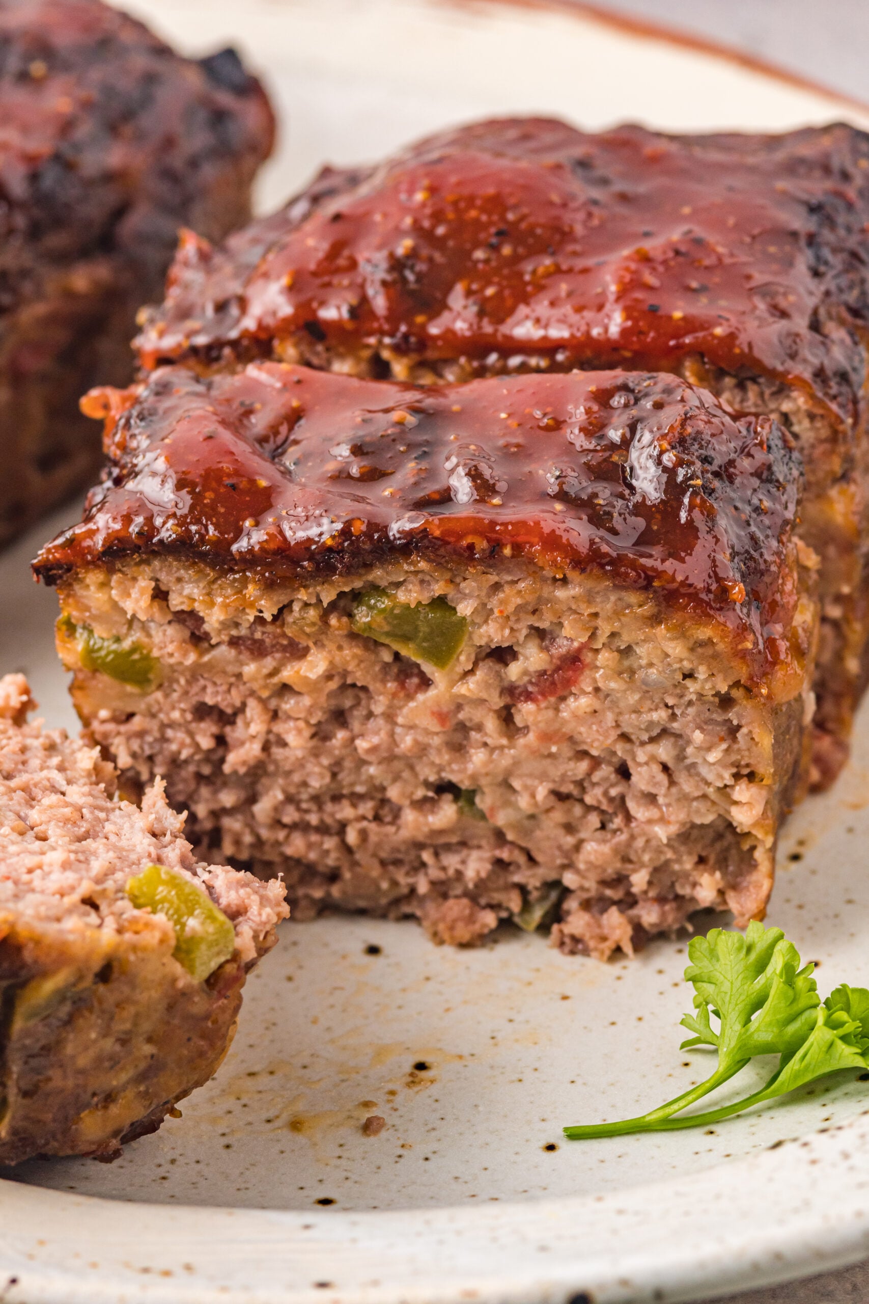 Up close view of a slice of Cracker Barrel Meatloaf.