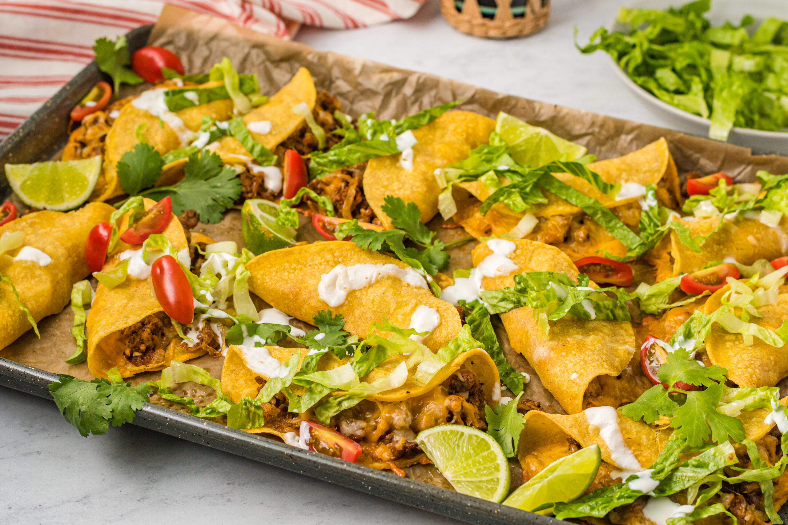 Front view of Beef Tacos on a sheet pan.