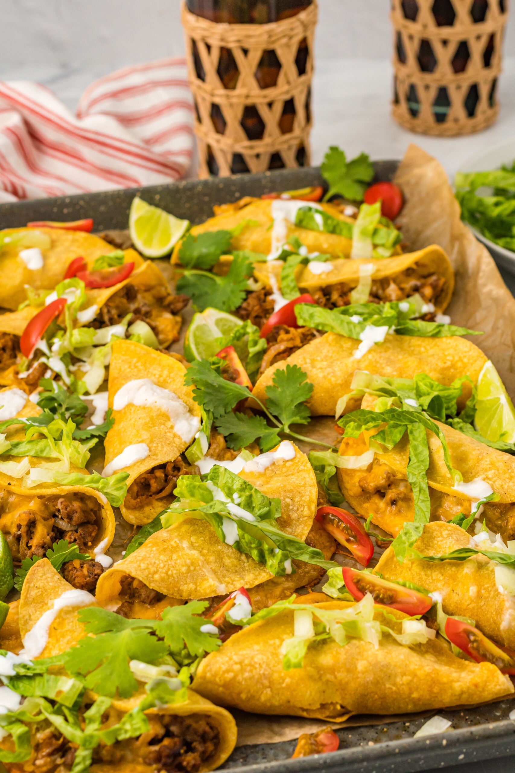 Front view of Beef Tacos on a sheet pan.