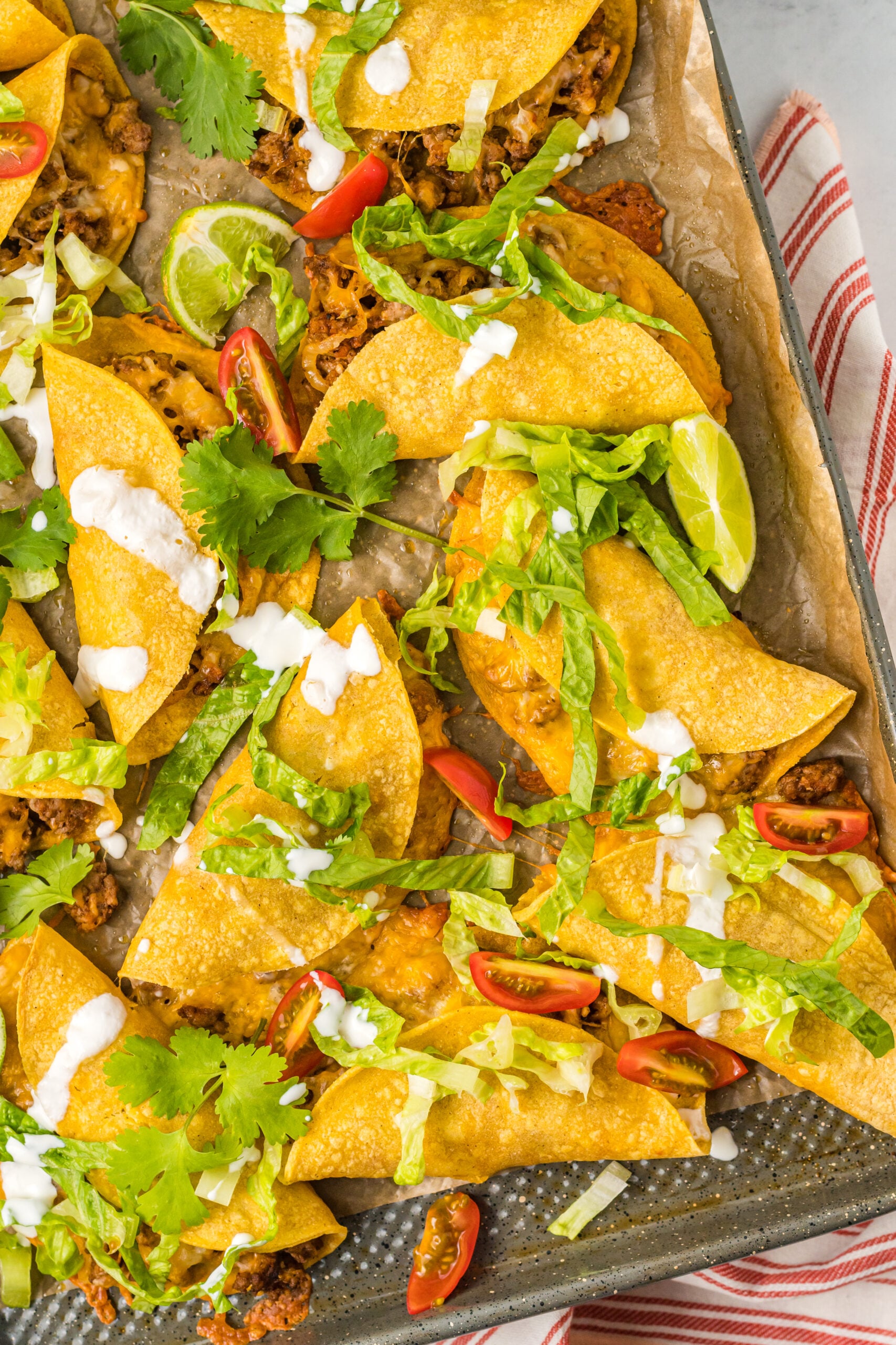 Overhead view of Beef Tacos on a sheet pan.