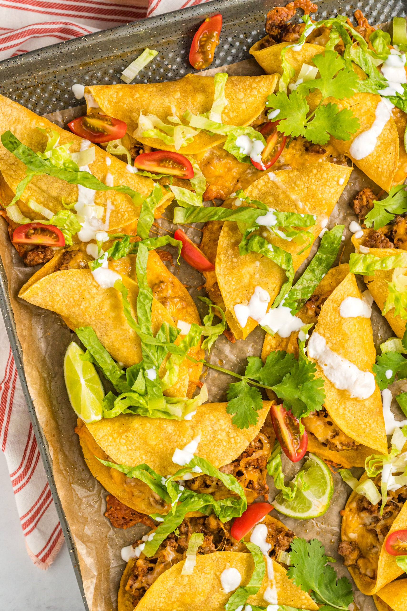 Overhead view of Beef Tacos on a sheet pan.