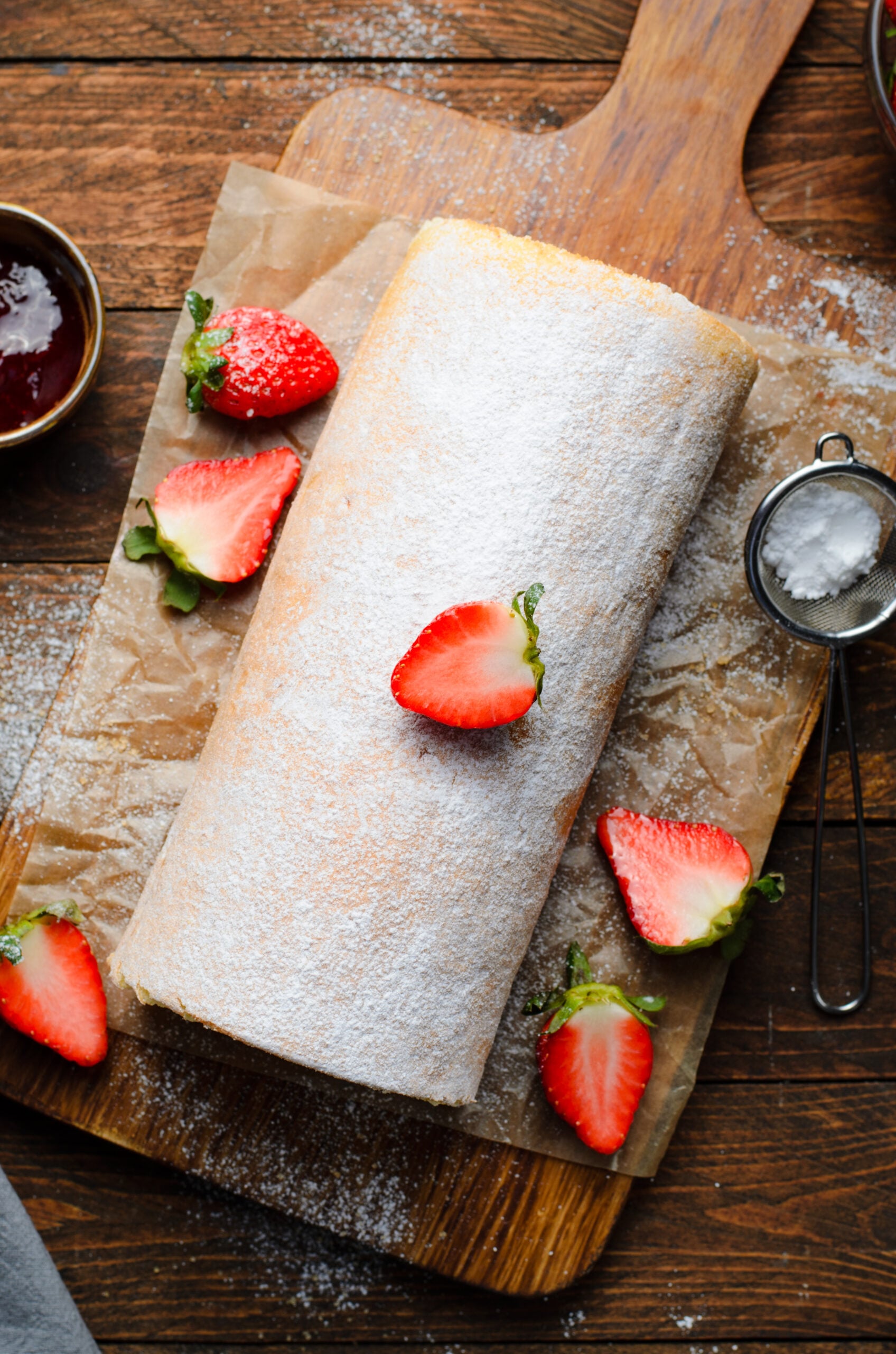 Overhead view of Strawberries & Cream Cake Roll on a wooden cutting board.