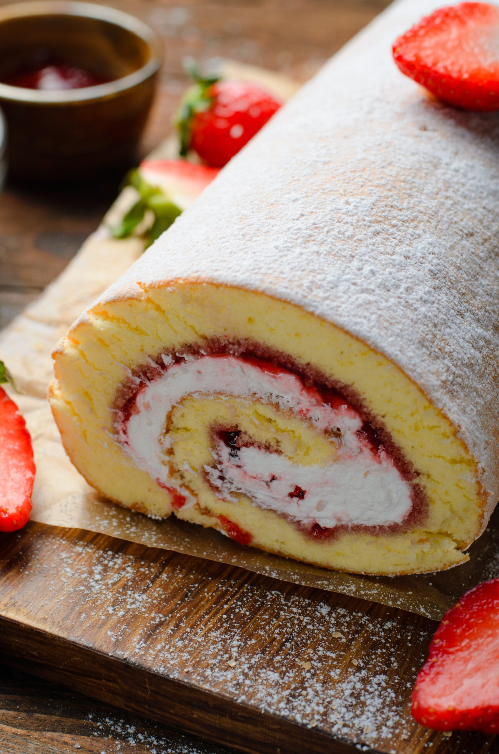 Front view of Strawberries & Cream Cake Roll on a parchment paper.