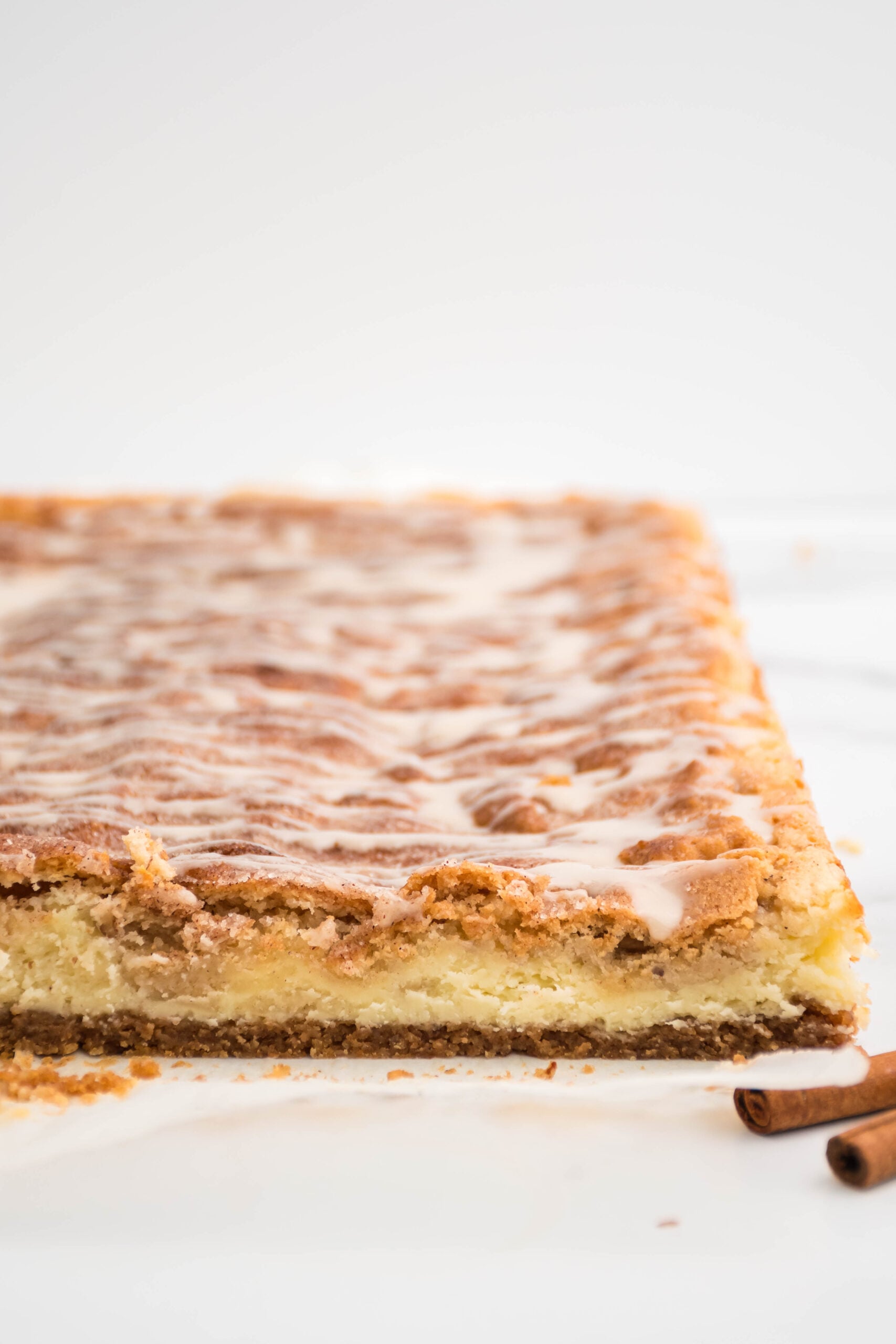 Front view of Snickerdoodle Cheesecake Bars uncut.