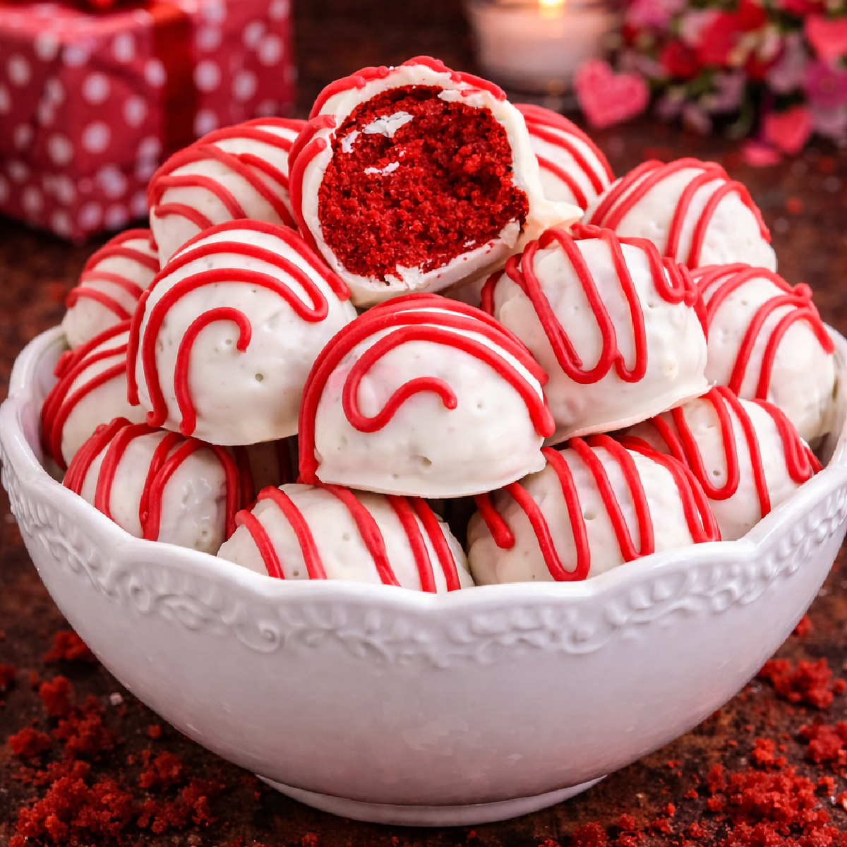 Red Velvet Cake Balls in a white bowl