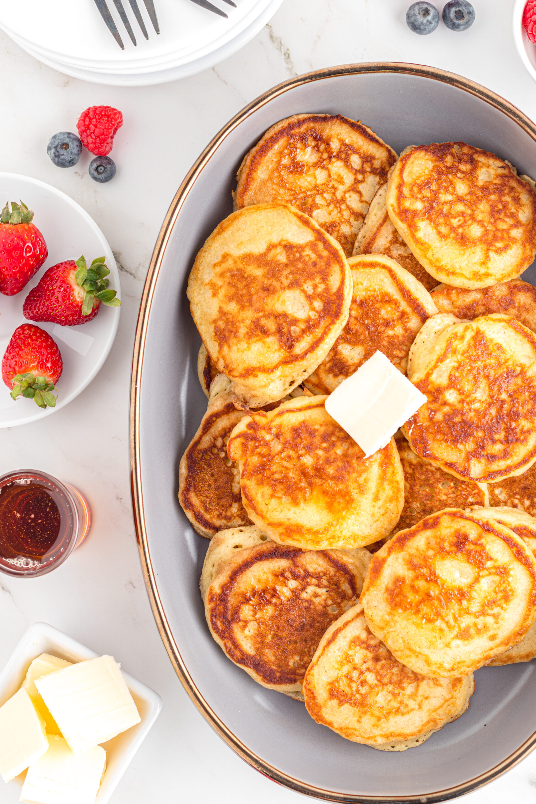 Overhead view of Mini Pancakes on a serving dish.