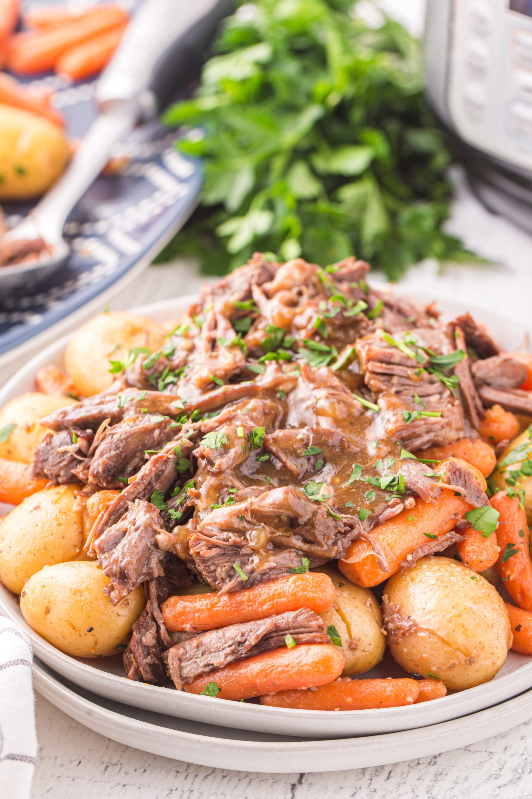 Instant Pot Pot Roast with potatoes and carrots on a white plate.