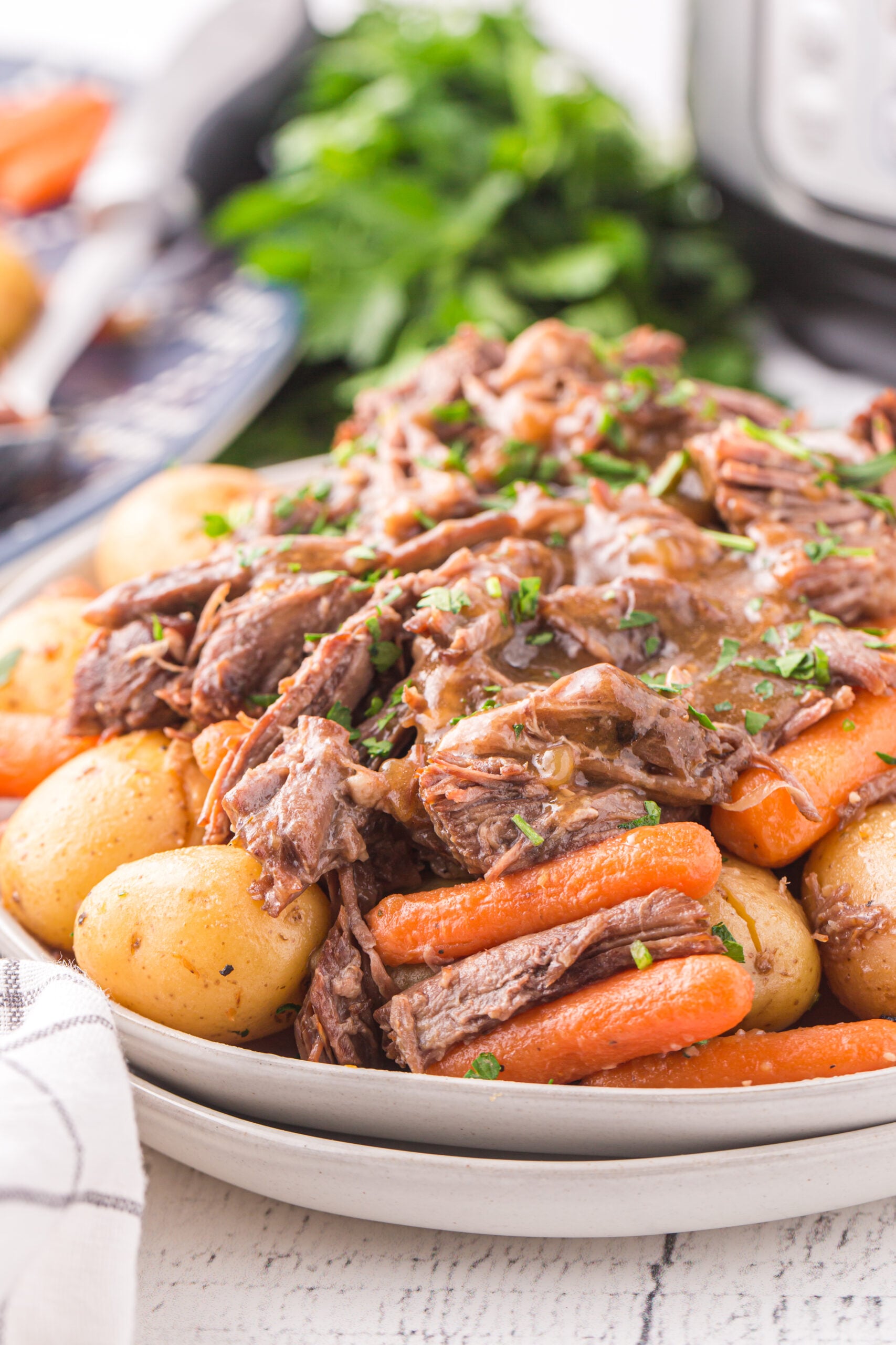 Pot Roast with potatoes and carrots on a white plate.