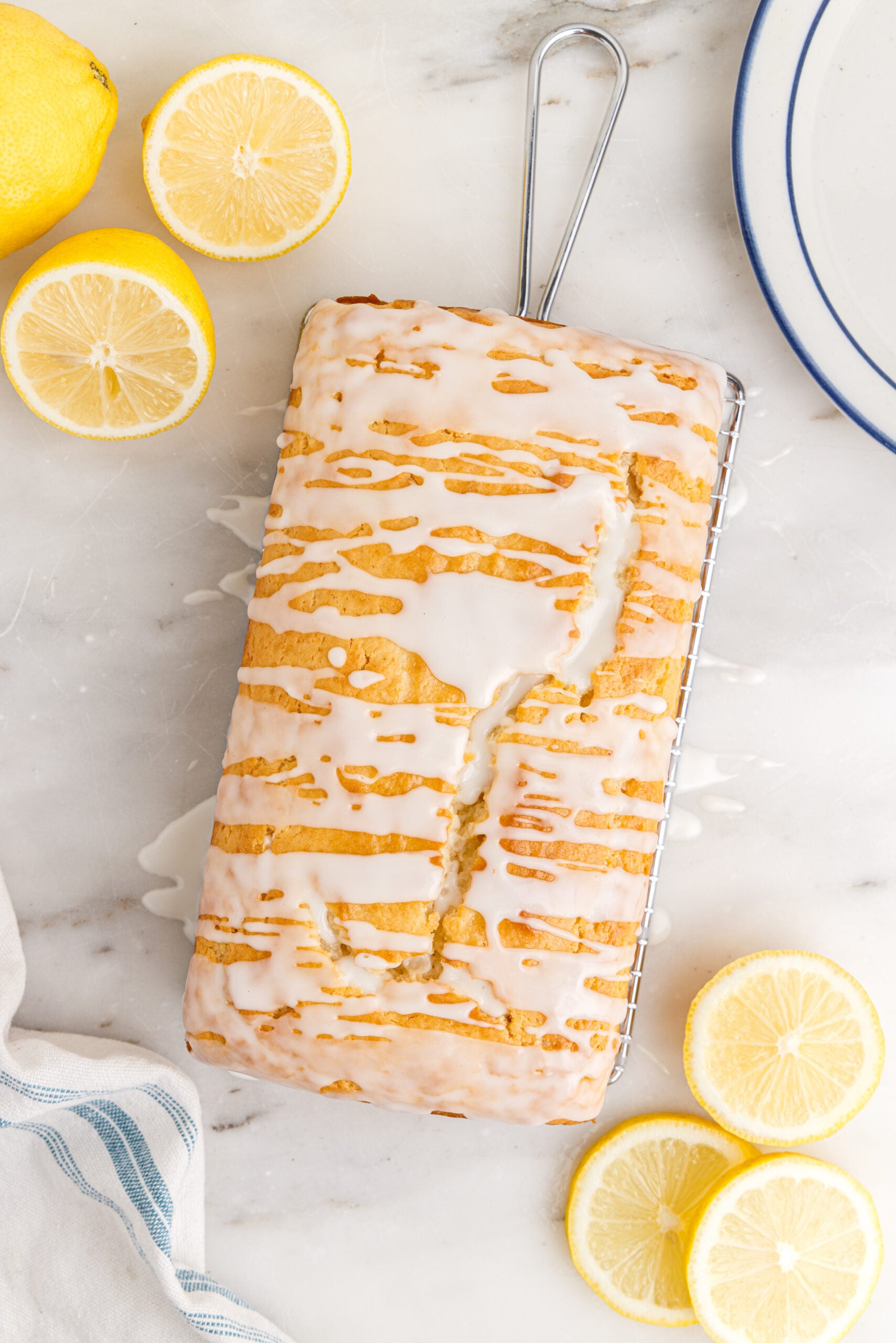 Overhead view of Lemon Bread on a wire rack.