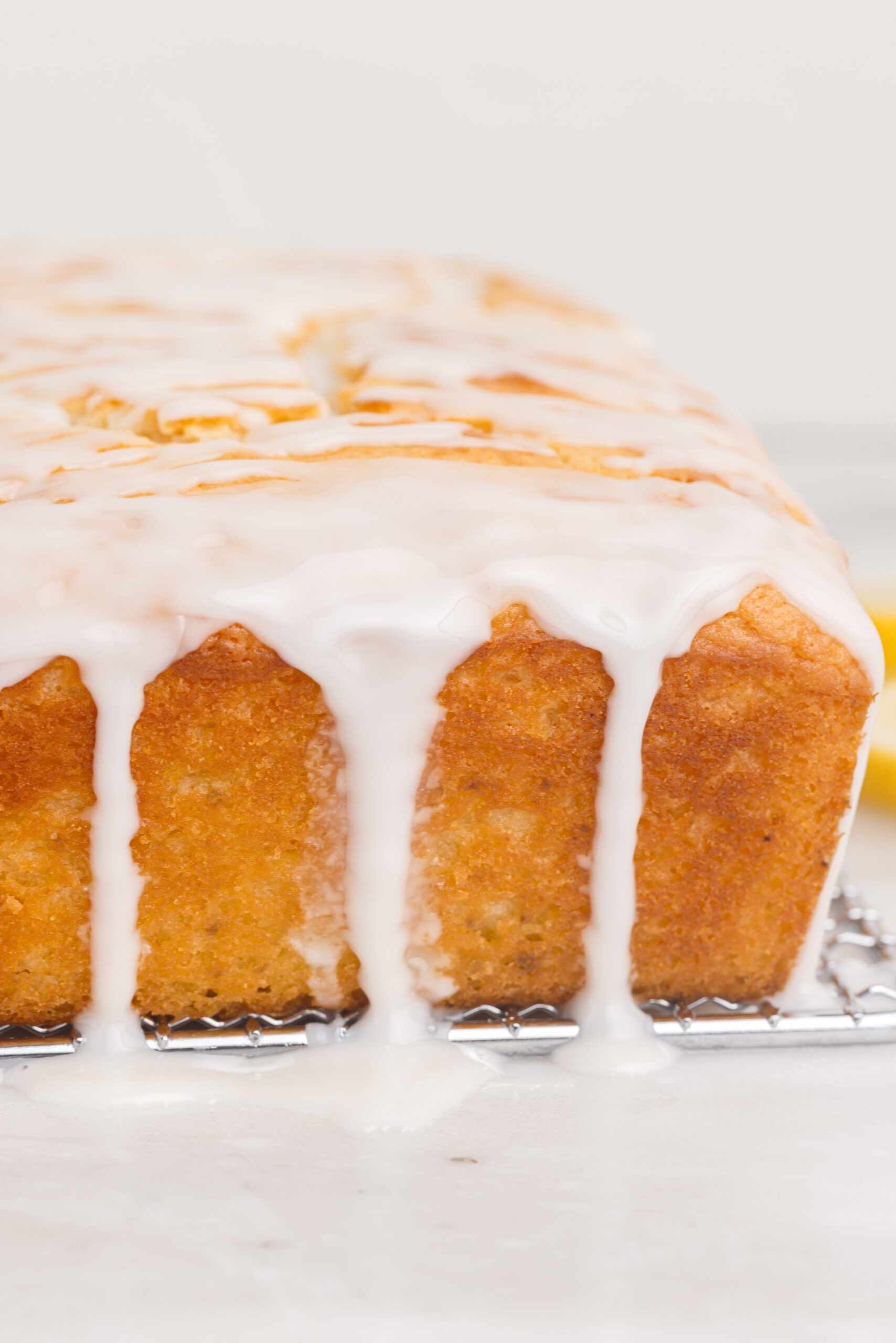 Front view of Lemon Bread on a wire rack.