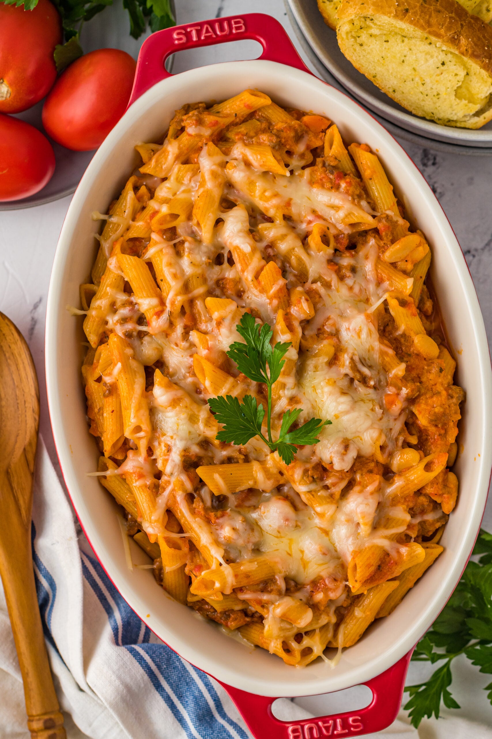 Overhead view of Pasta Fagioli al Forno in a baking dish.