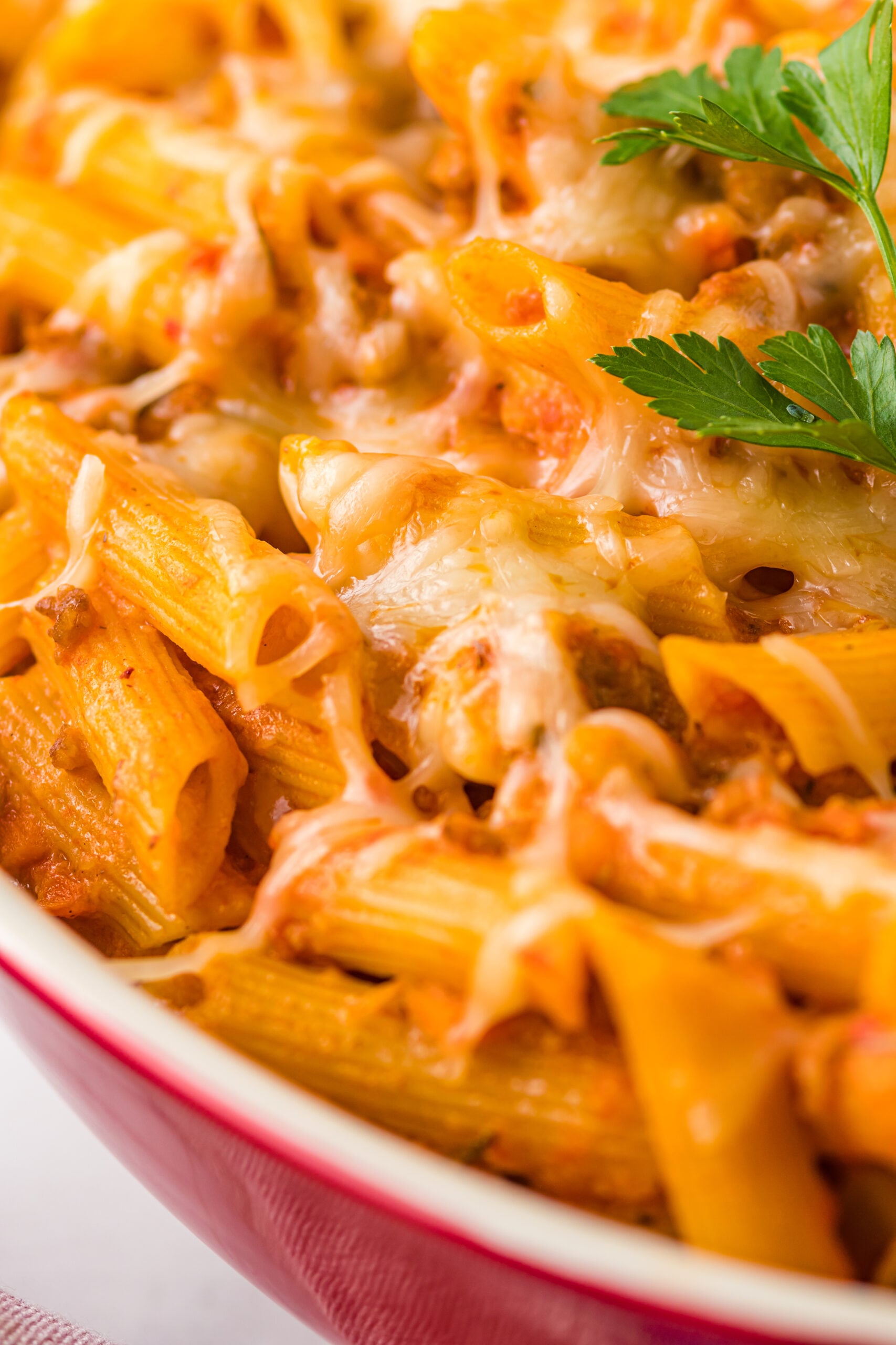 Close up view of Pasta Fagioli al Forno in a baking dish.