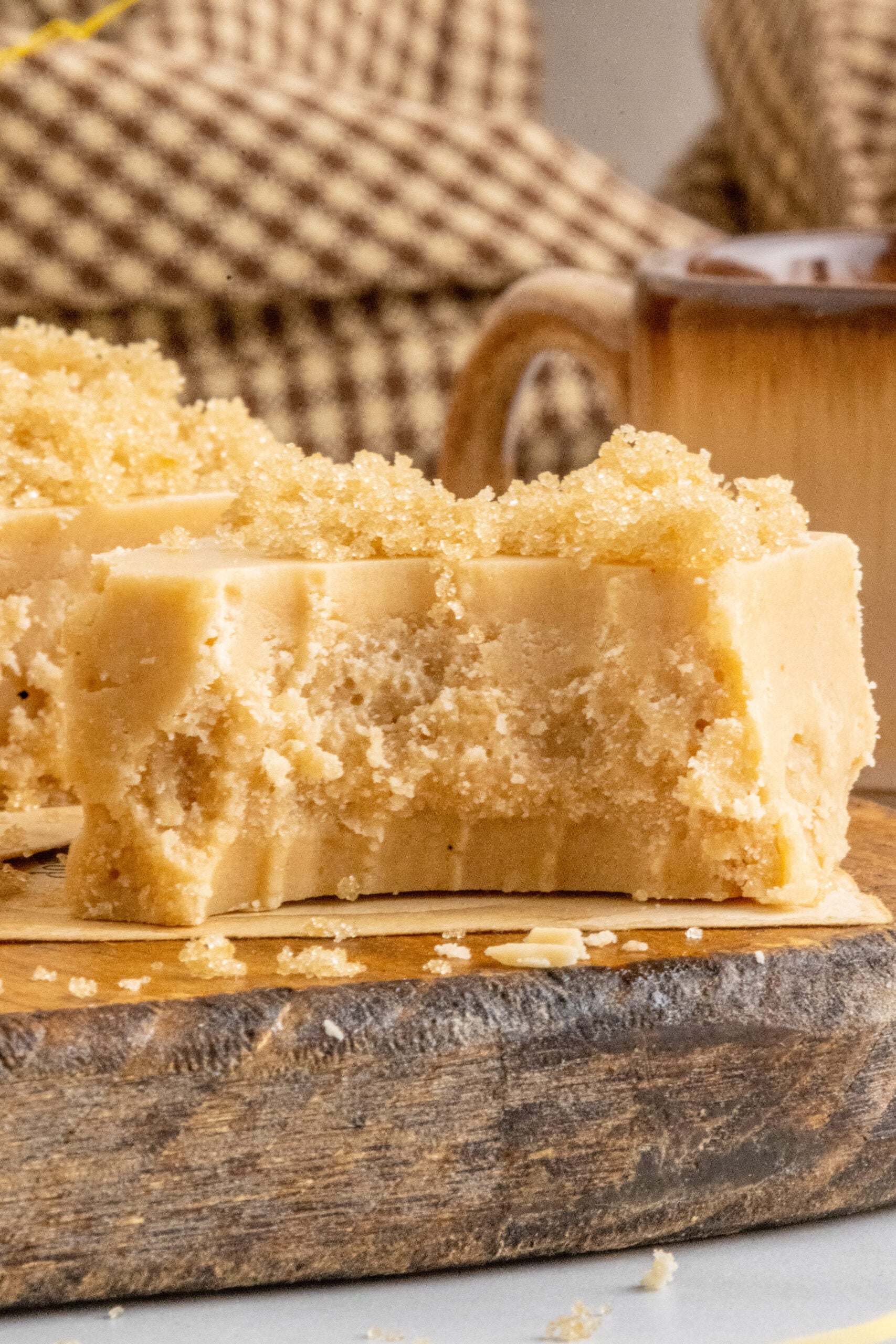 Up close view of Penuche Fudge with a bite removed.