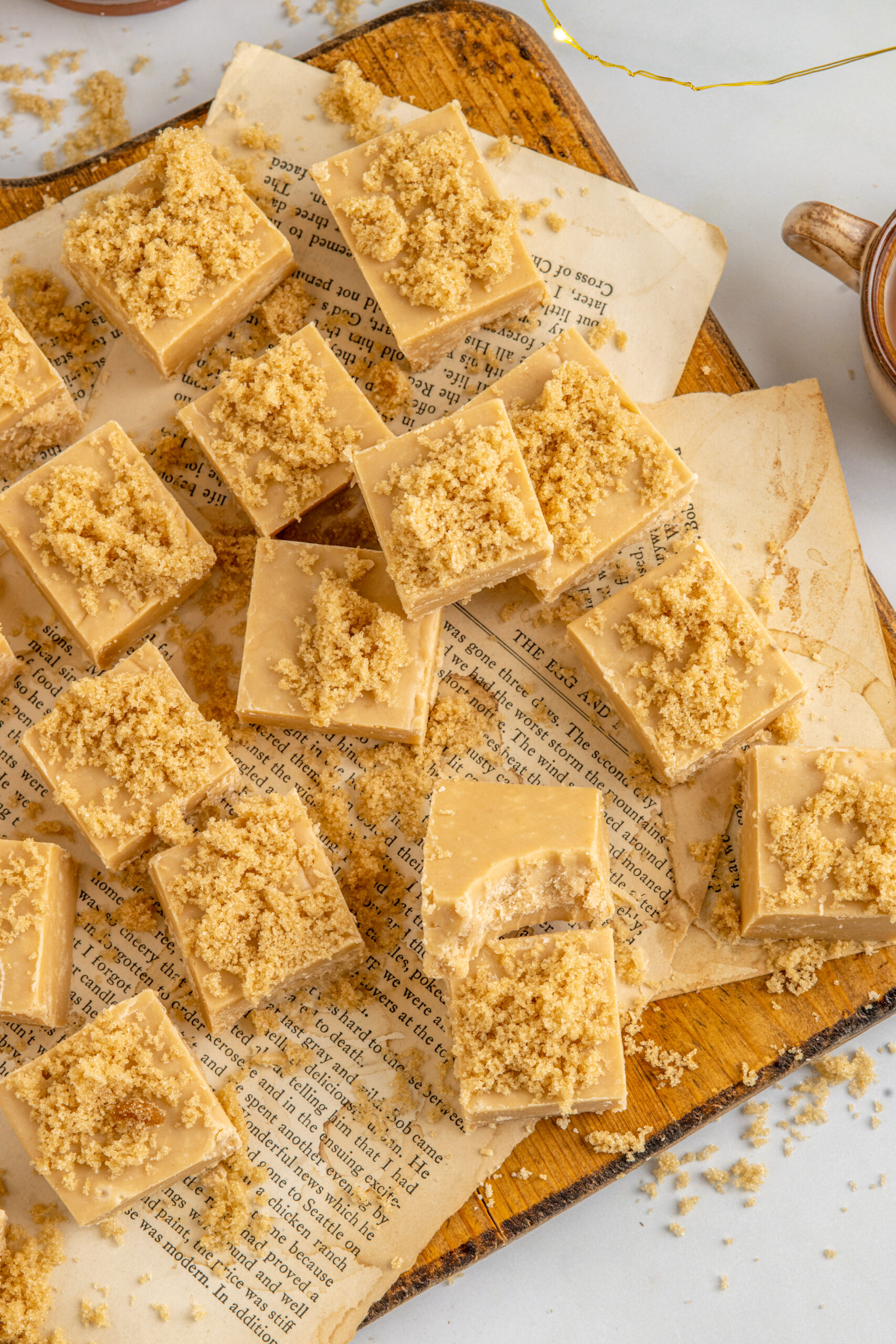 Overhead view of Penuche Fudge on a wooden board.