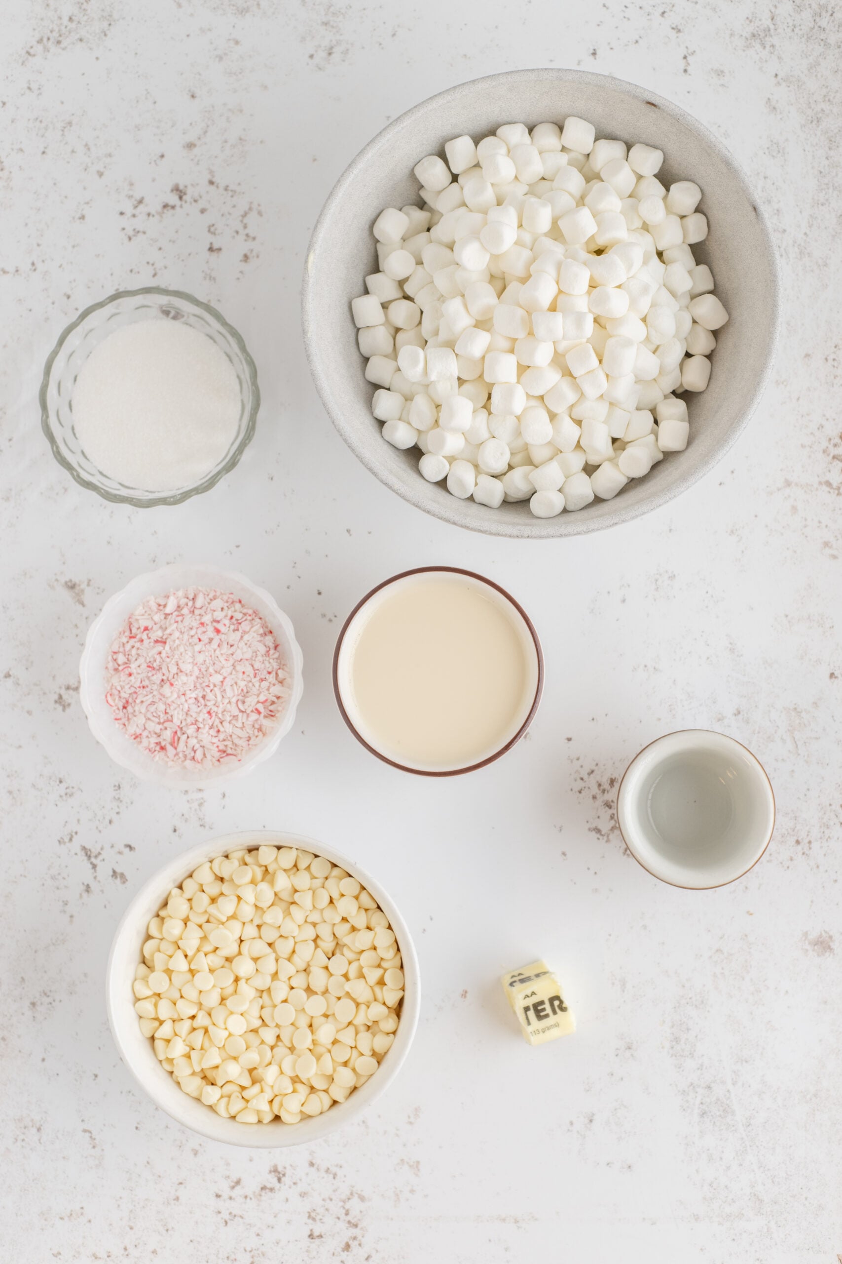 Overhead shot of all ingredients needed for this peppermint fudge recipe.