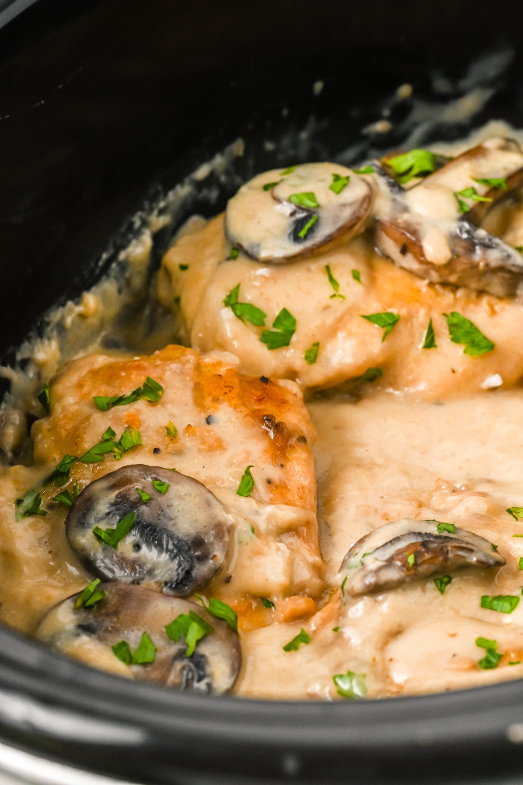 Close up shot of slow cooker chicken marsala topped with fresh parsley.