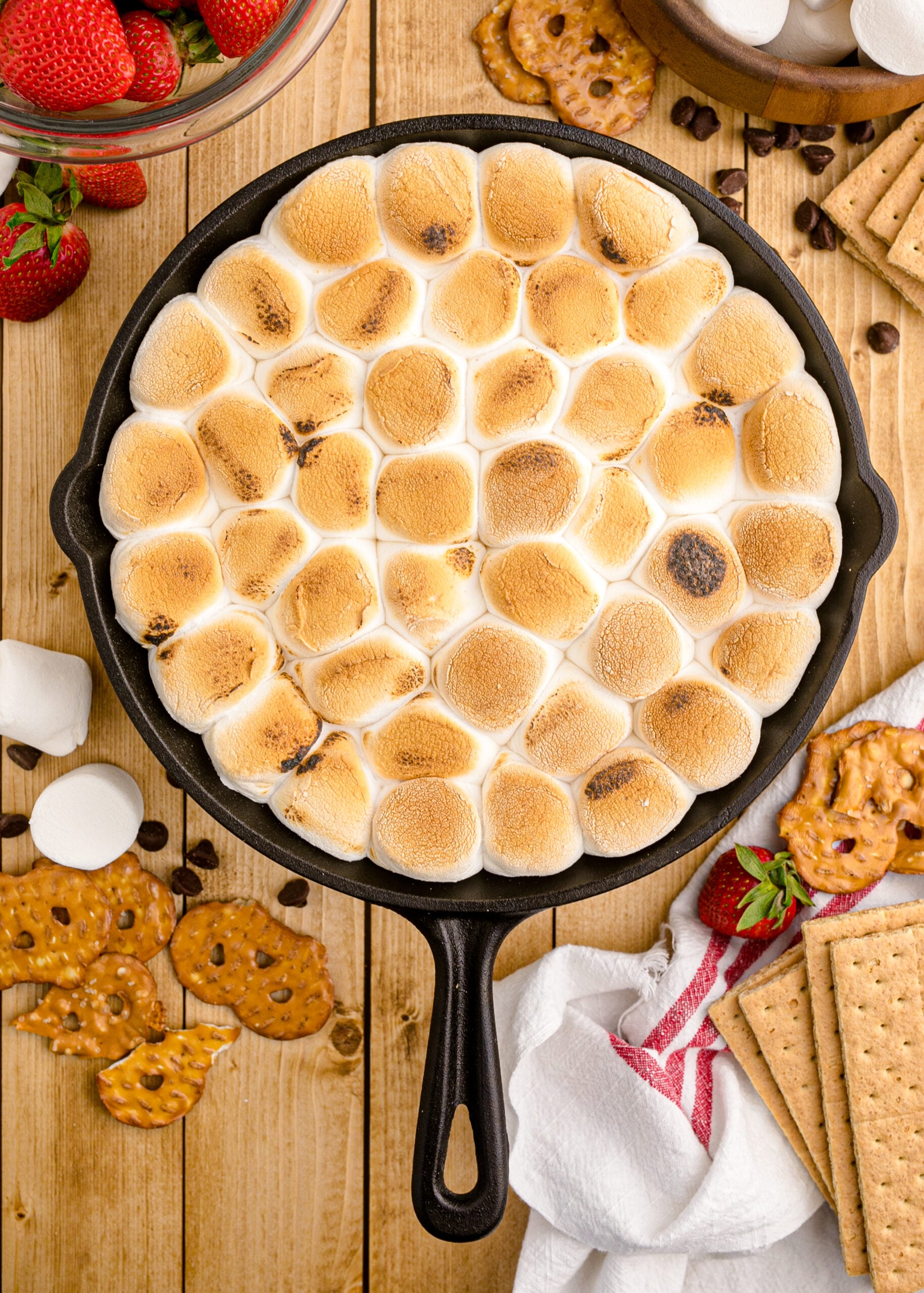 Overhead view of S’mores Dip in a cast iron skillet.