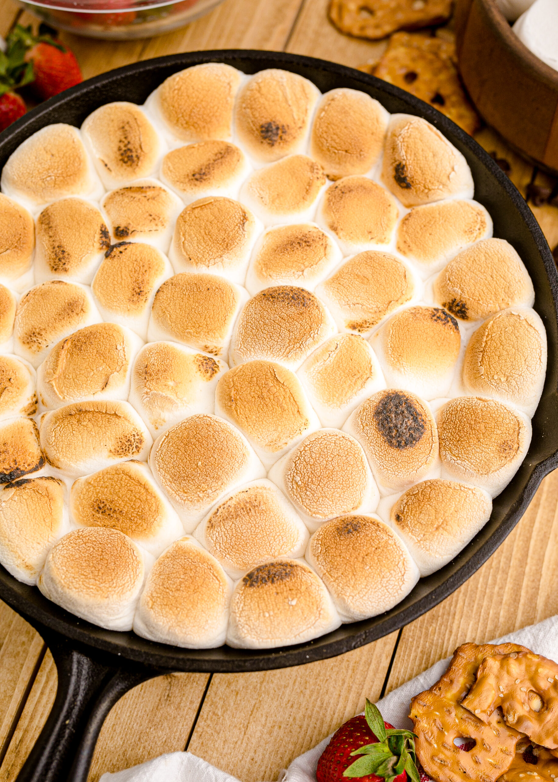 Overhead view of S’mores Dip in a cast iron skillet.