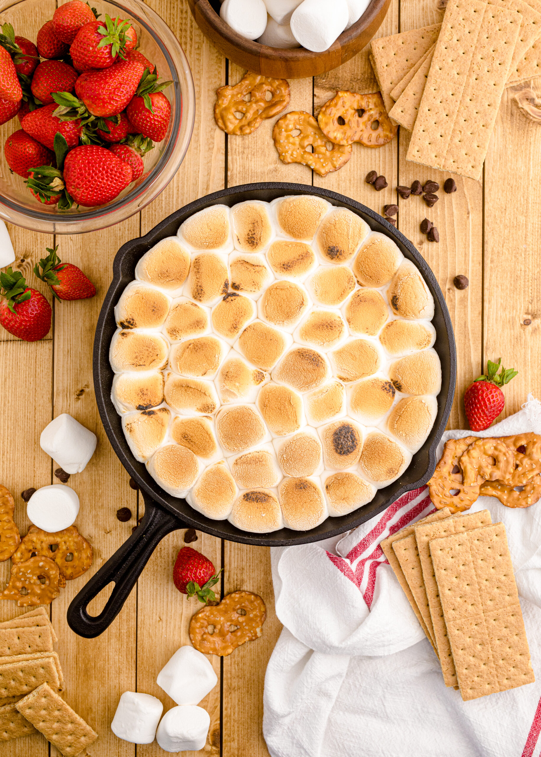 Overhead view of S’mores Dip in a cast iron skillet.
