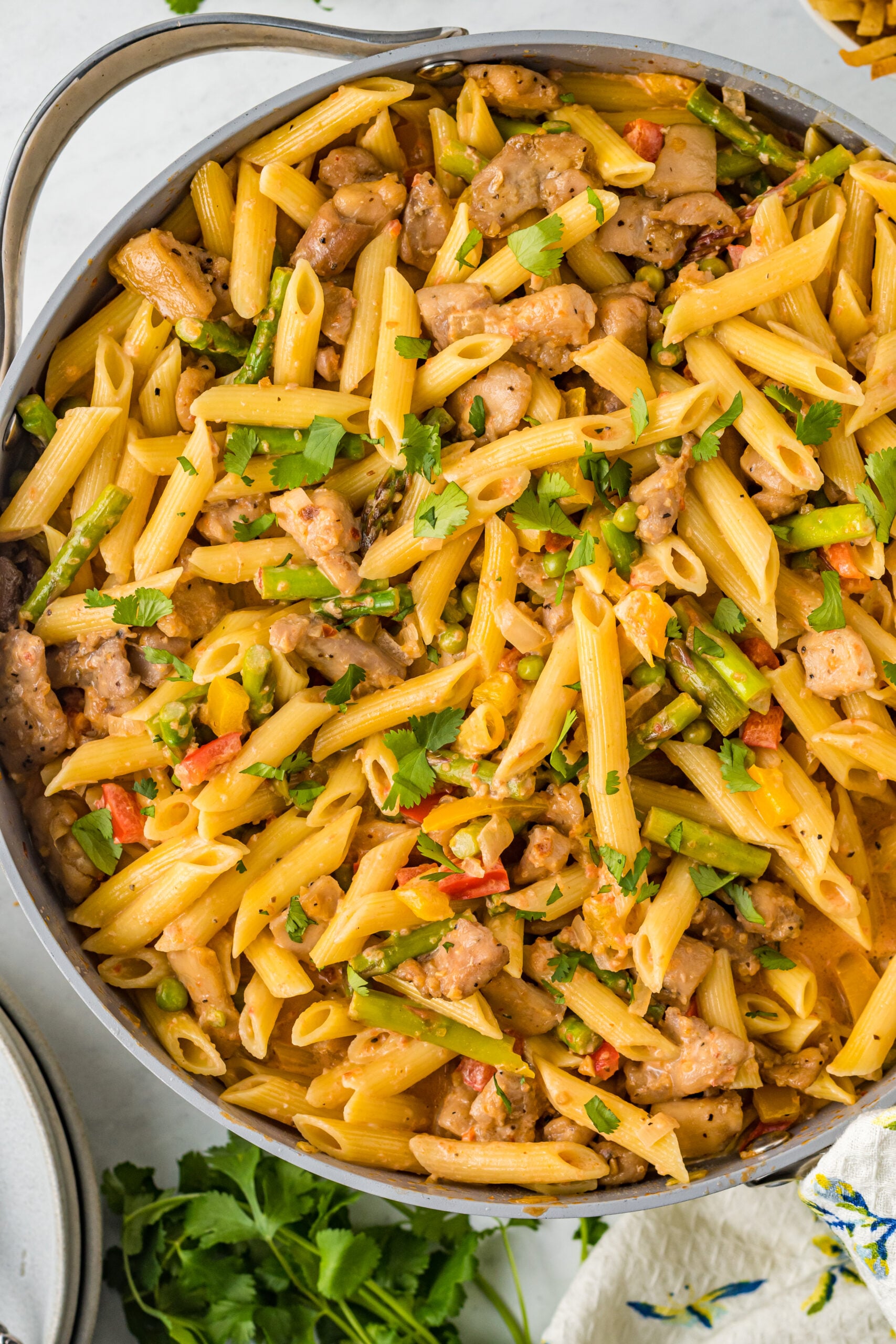 Overhead view of Cajun Chicken Pasta in a frying pan.
