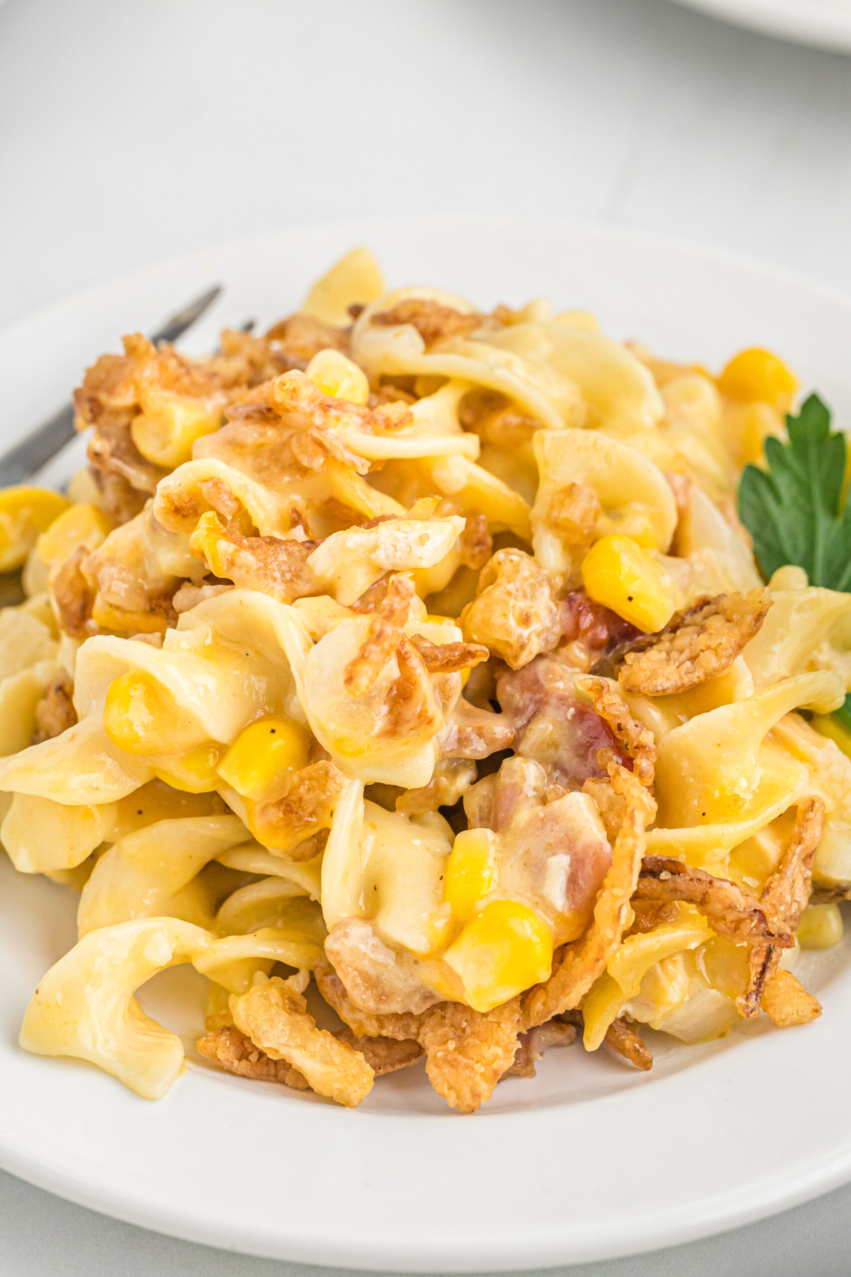 Close up view of a serving of Ultimate Chicken Casserole on a white dish.