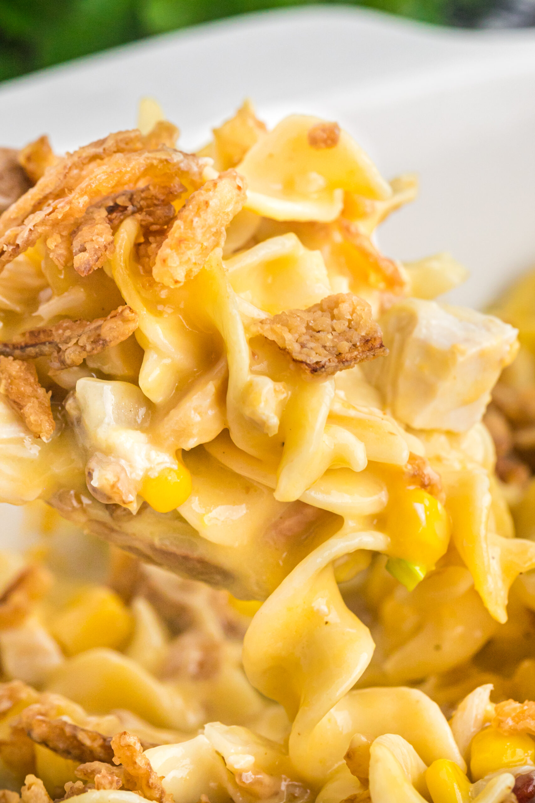Close up view of a portion of Ultimate Chicken Casserole on a wooden spoon.