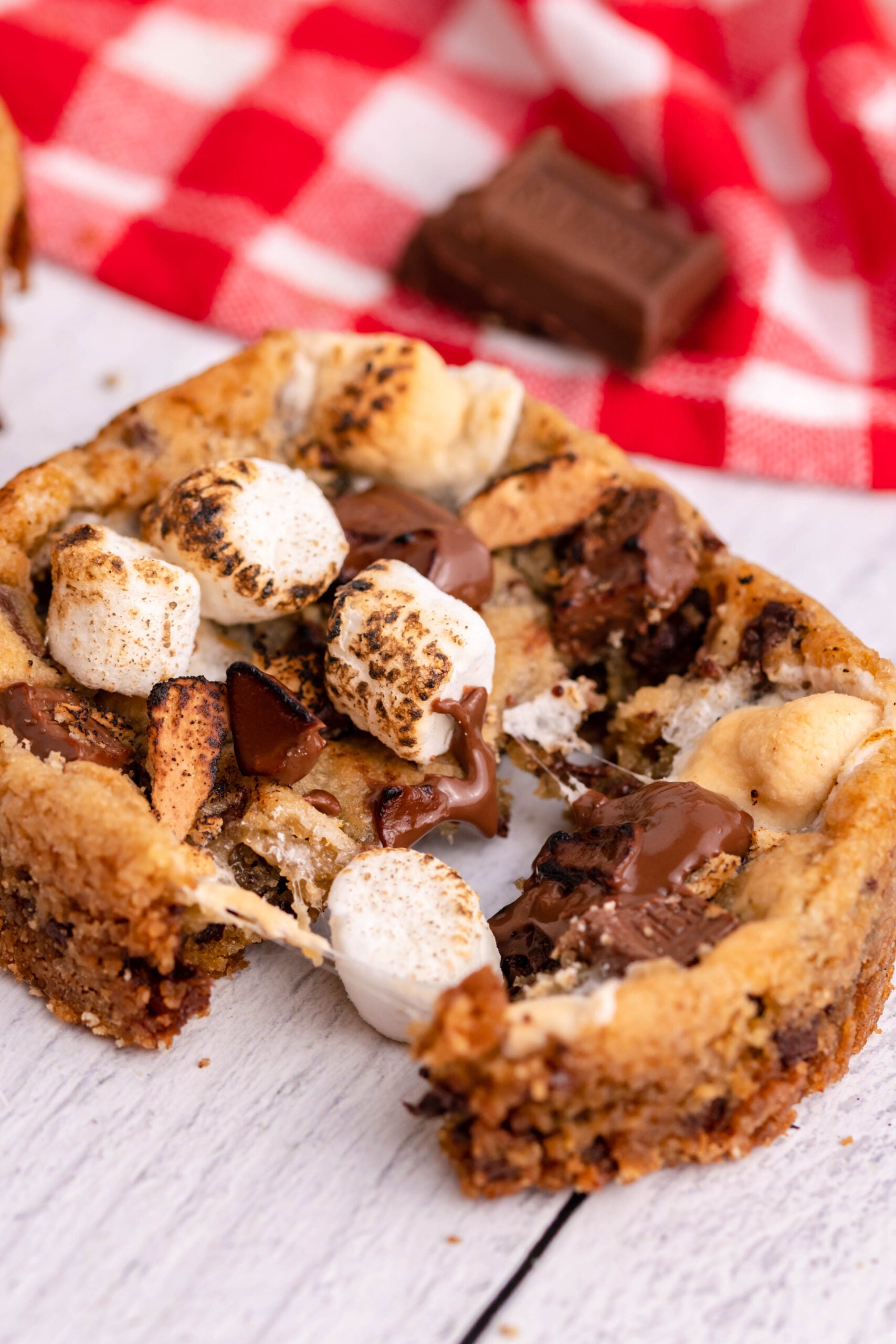 Close up view of Deep Dish S’mores Cookies split in half.