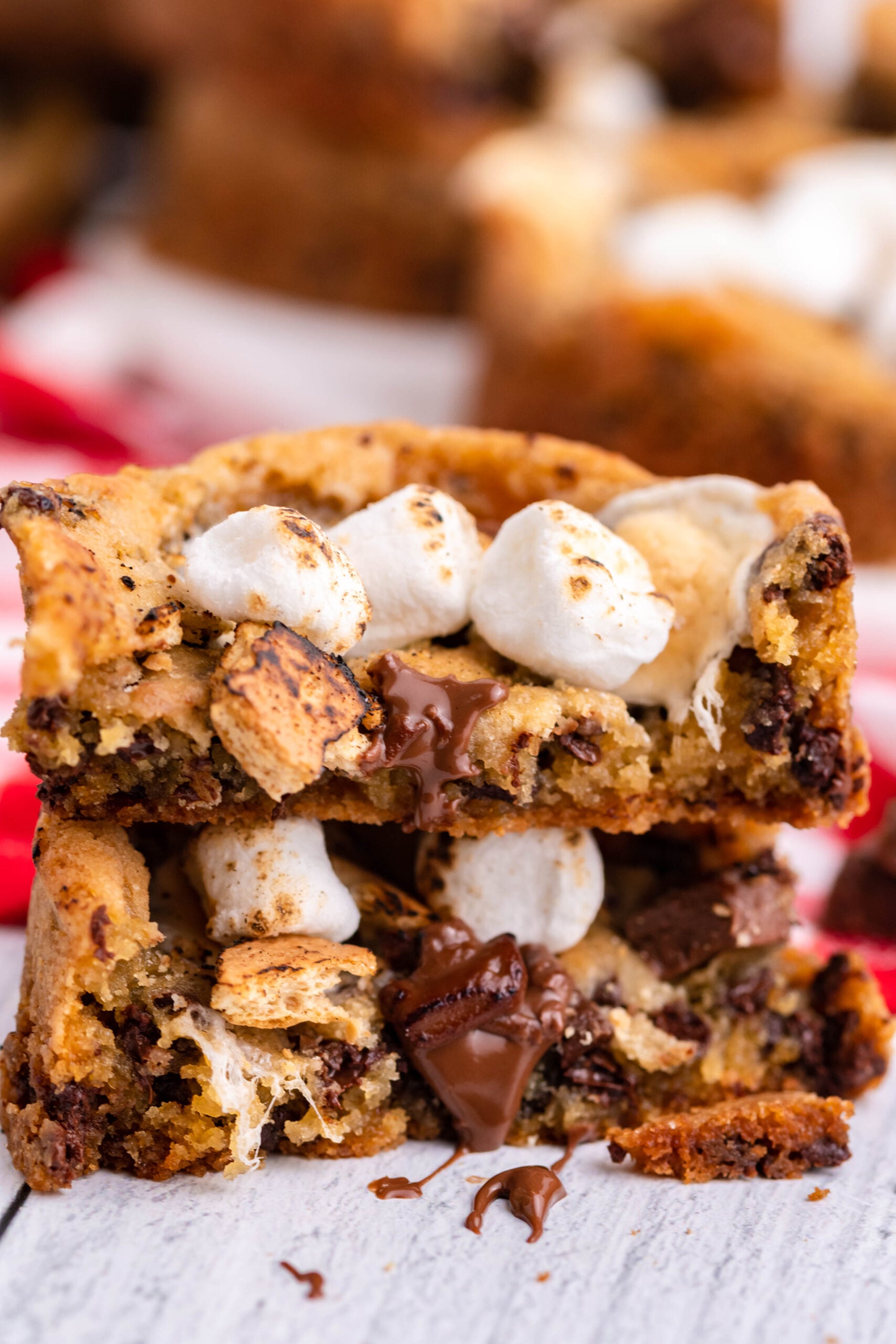Front view of two halves of Deep Dish S’mores Cookies stacked.