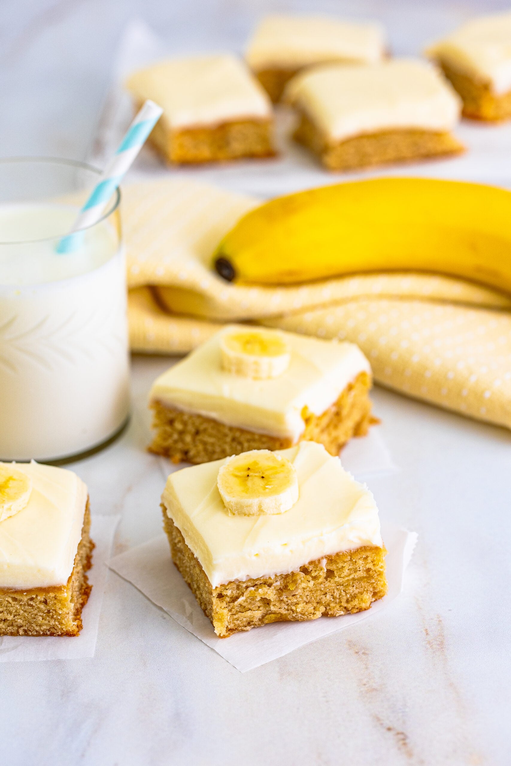Front view of Banana Brownies on parchment paper.