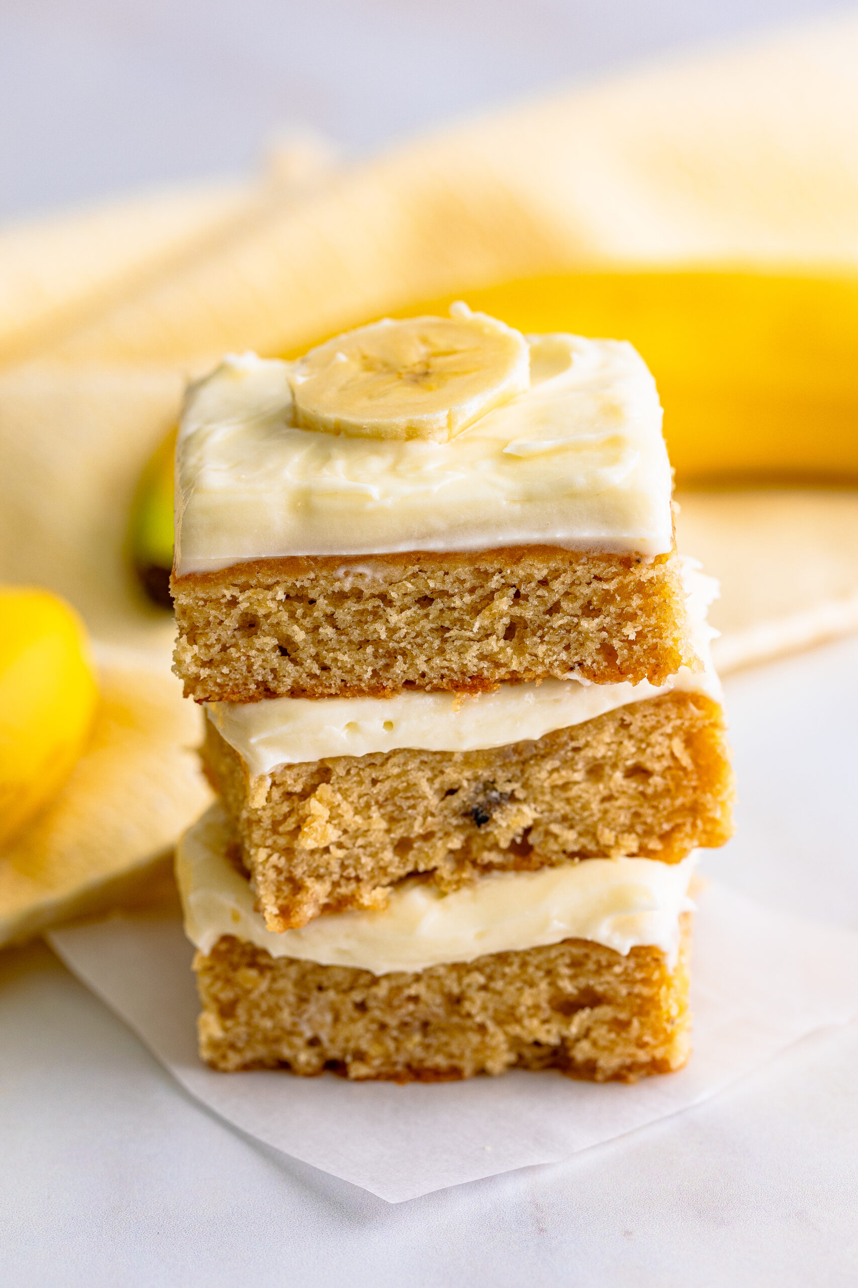 Front view of three Banana Brownies stacked.