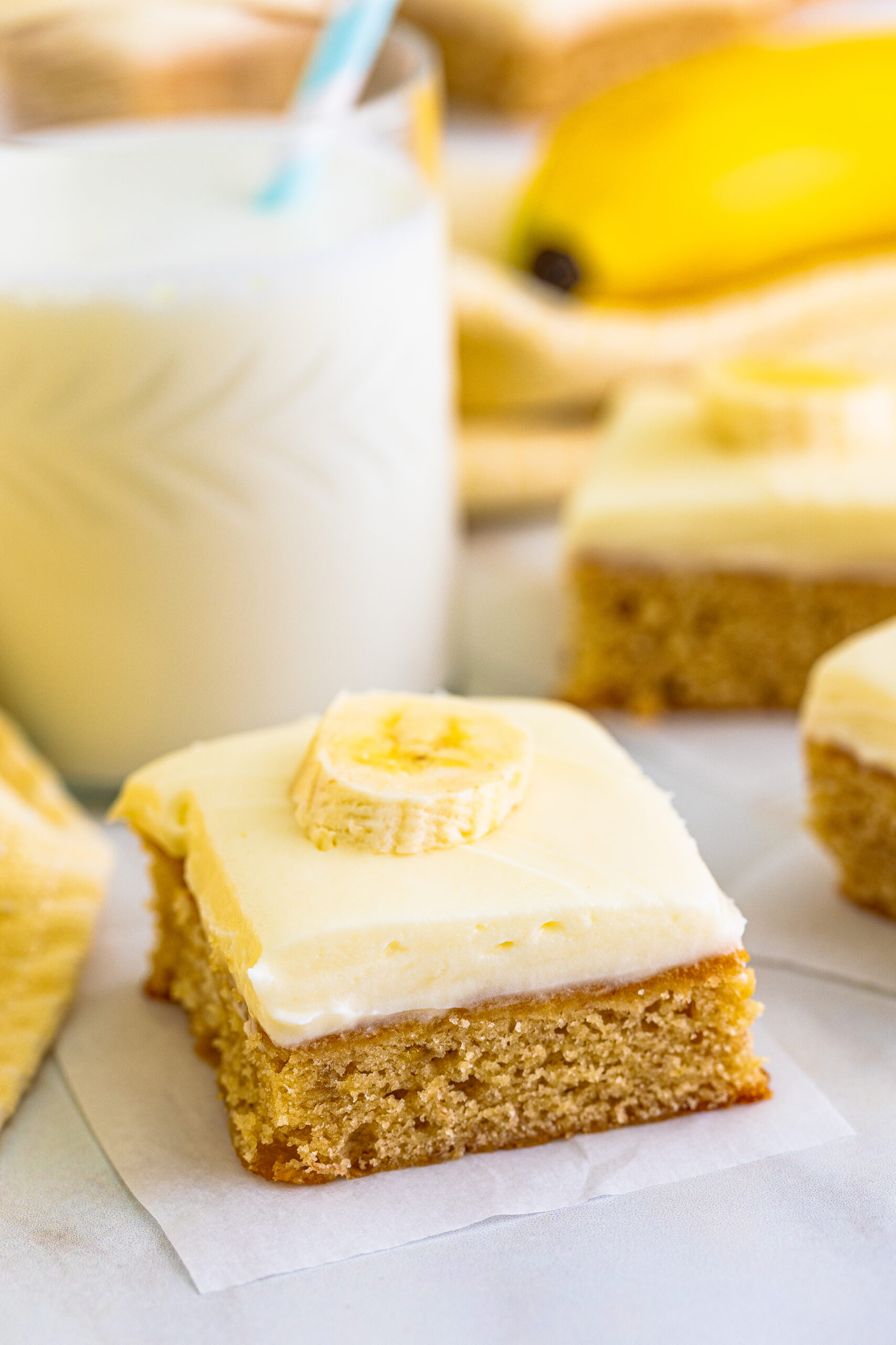 Close up view of Banana Brownies on parchment paper.