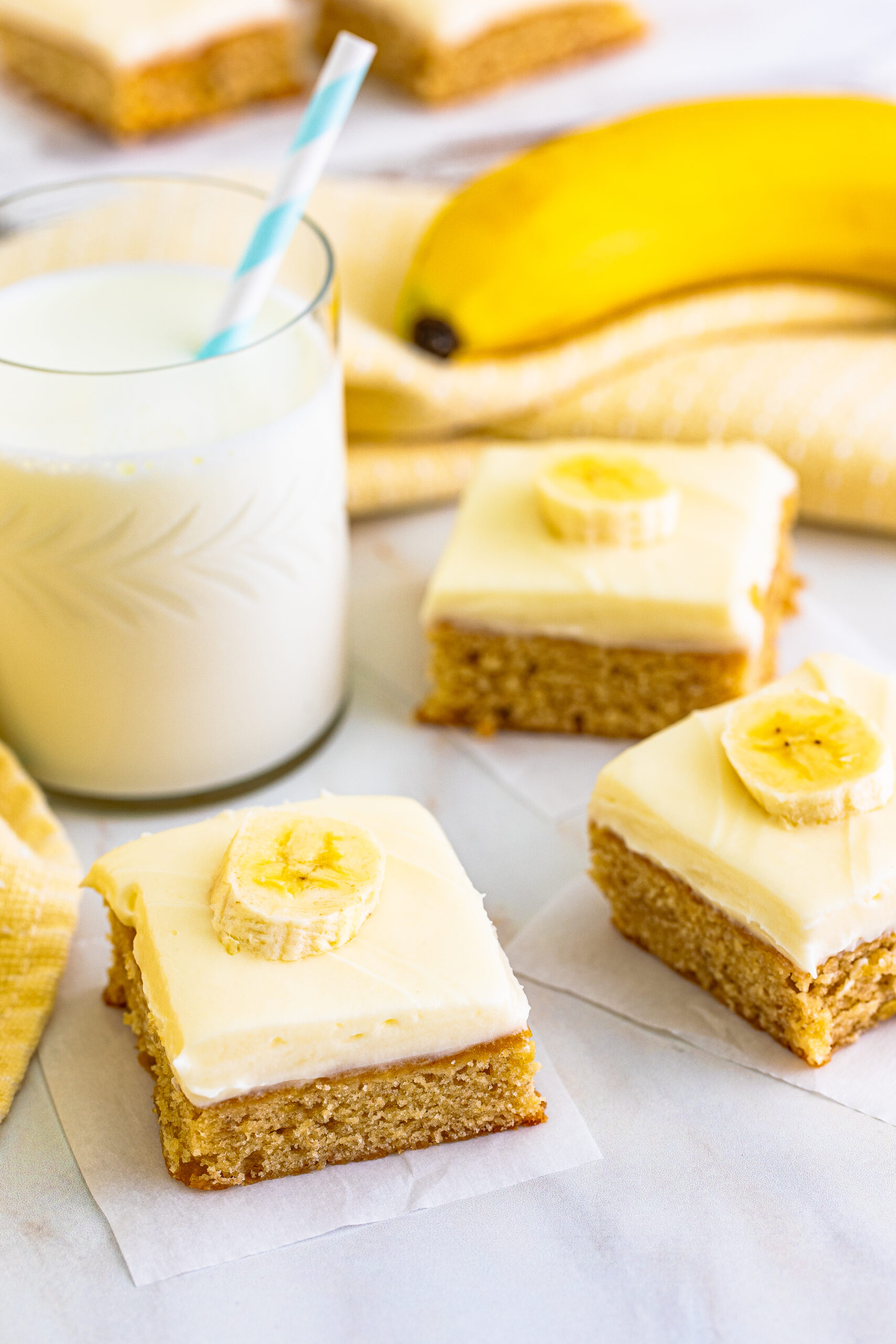 Front view of Banana Brownies on parchment paper.