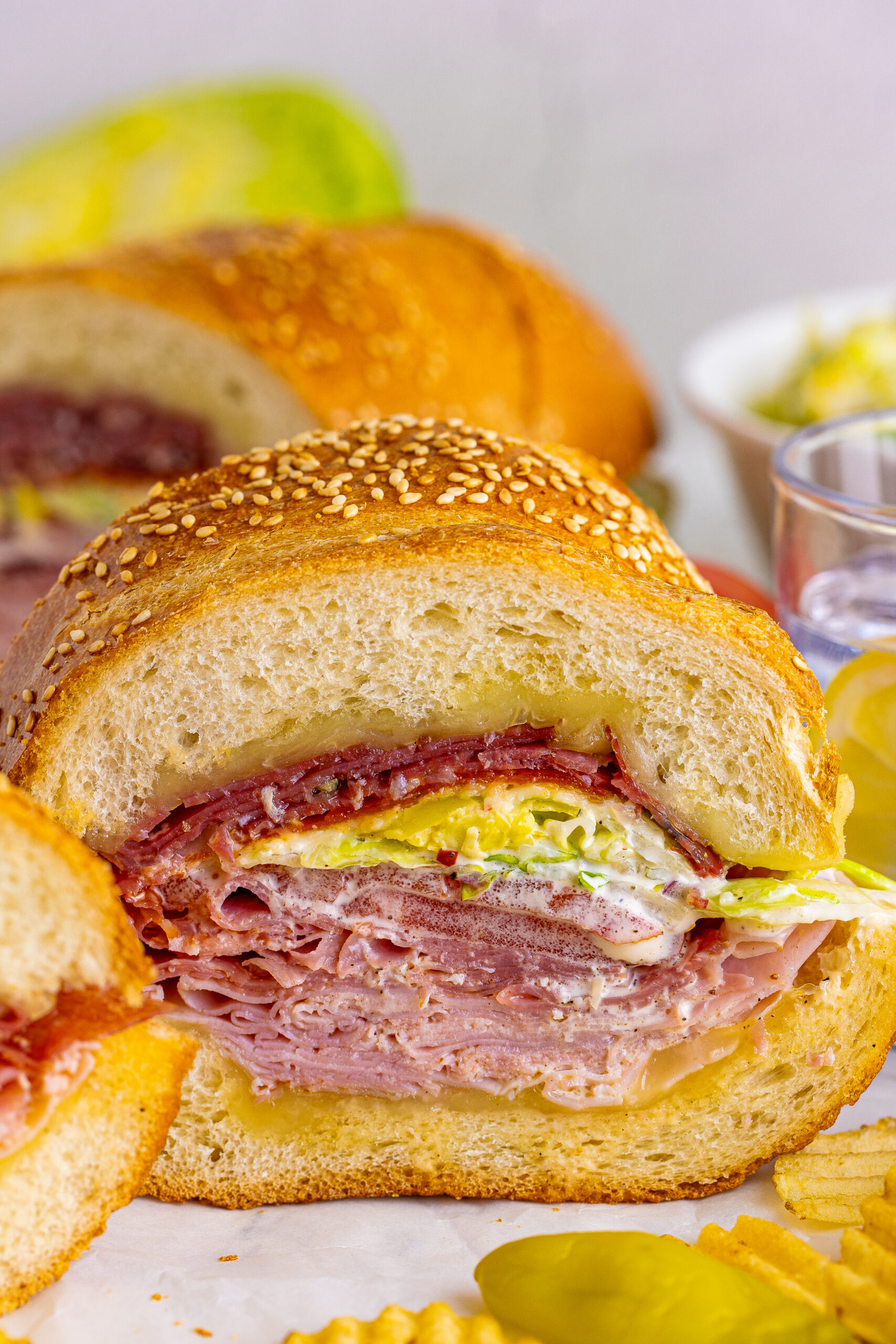 Grinder sub up close showing all the layered meats inside