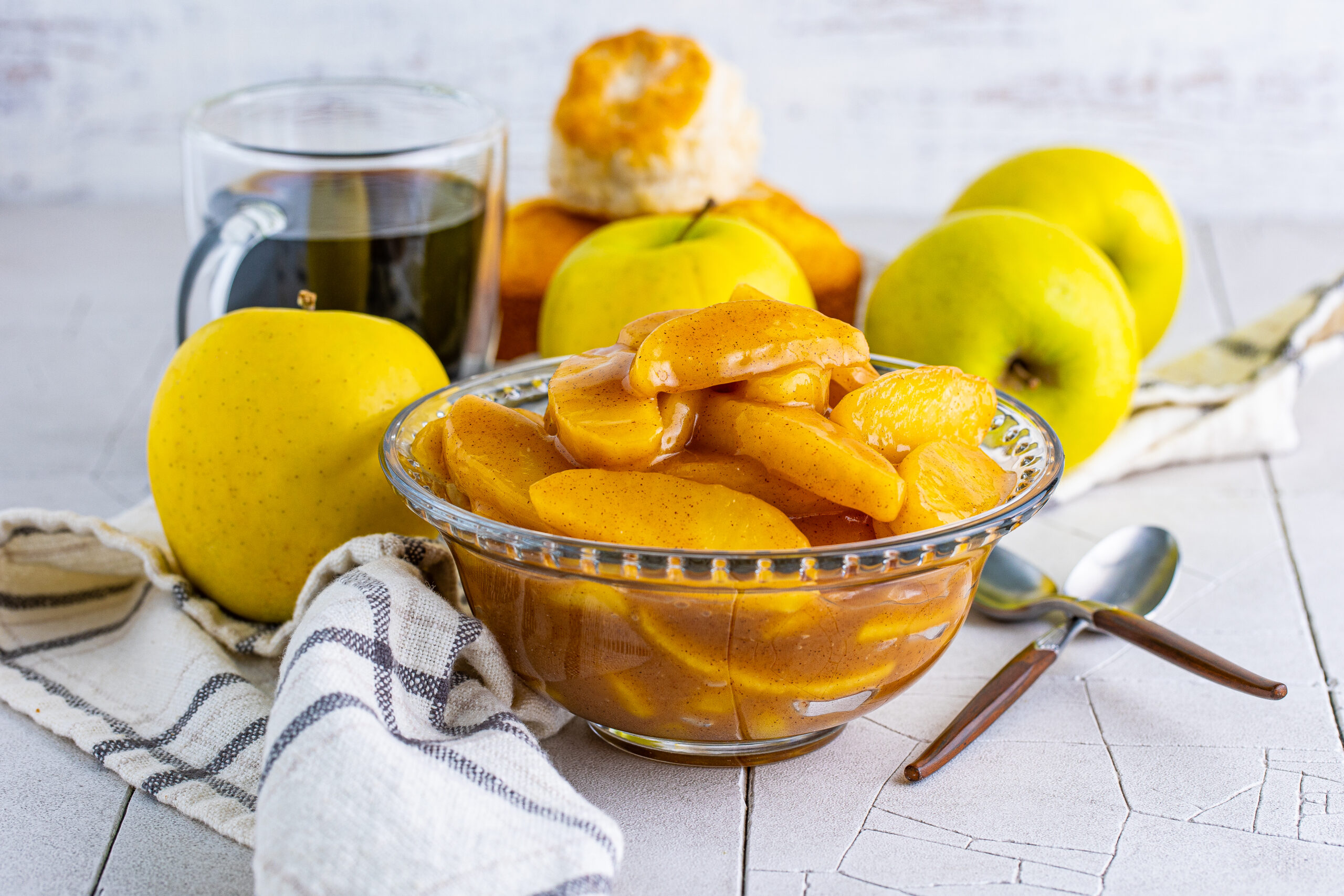 Front view of Cracker Barrel Fried Apples in a clear glass bowl.